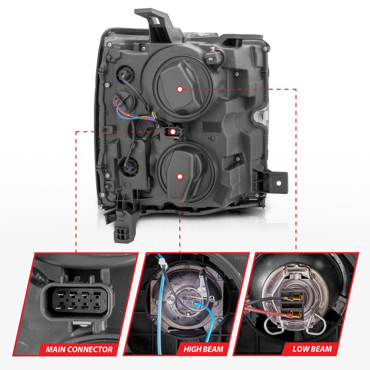 CHEVY SILVERADO 15-19 2500HD/3500HD PROJECTOR SWITCHBACK HEADLIGHTS BLACK(CHROME TRIM)(HALOGEN MODELS ONLY)