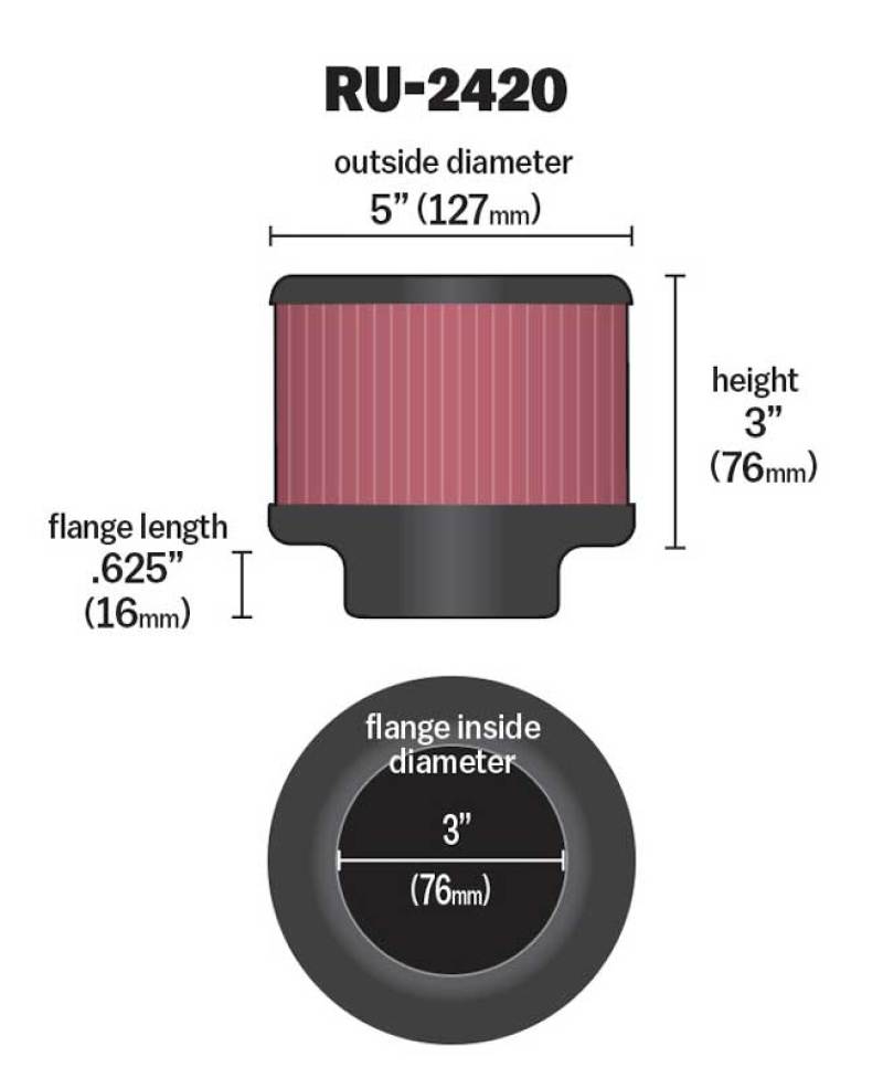 K&N Universal Rubber Filter 3 inch Flange 5 inch OD 3 inch Height-SR1 Performance