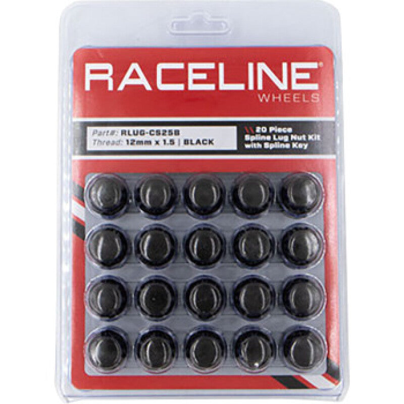 Raceline Spline Lug Nut Kit with Spline Key 12 x 1.5 - Black (20 Pack) - Part RLUG-CS25B
