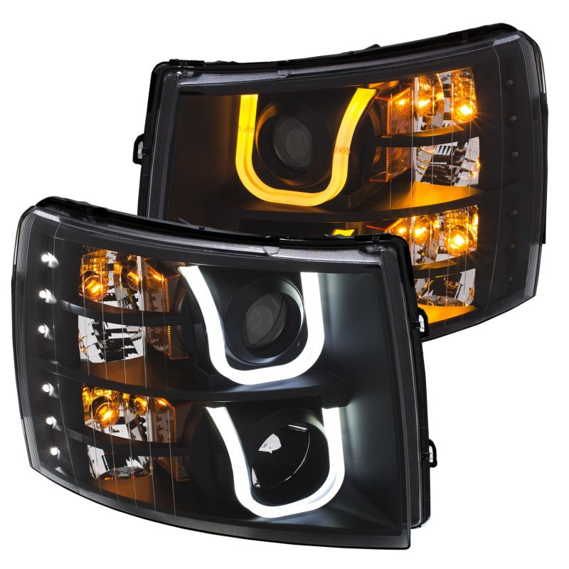 ANZO 2007-2013 Chevrolet Silverado 1500/2500 Projector Headlights w/ U-Bar Switchback Black w/ Amber