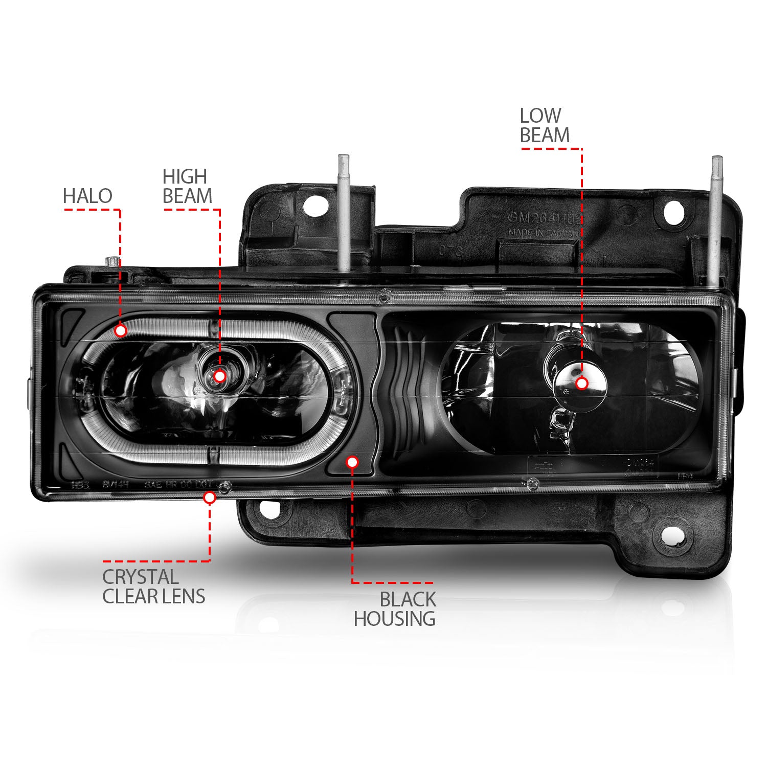CHEVY/GMC C/K1500/2500 88-98 / C/K3500 88-00 / SUBURBAN 92-99 / BLAZER (FULL-SIZE) 92-94 / TAHOE 95-99 / YUKON 92-99 CRYSTAL HALO HEADLIGHTS BLACK