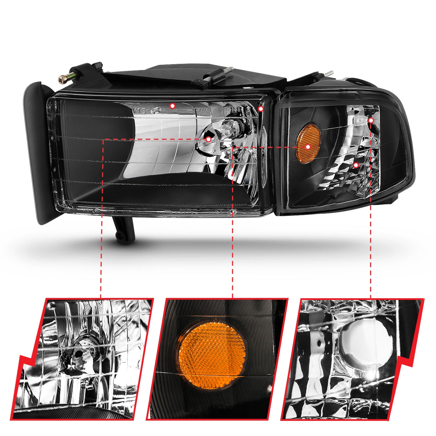 DODGE RAM 1500 94-01 / RAM 2500/3500 94-02/ RAM SPORT MODEL 94-98 CRYSTAL HEADLIGHTS BLACK W/ CORNER LIGHT 2PC