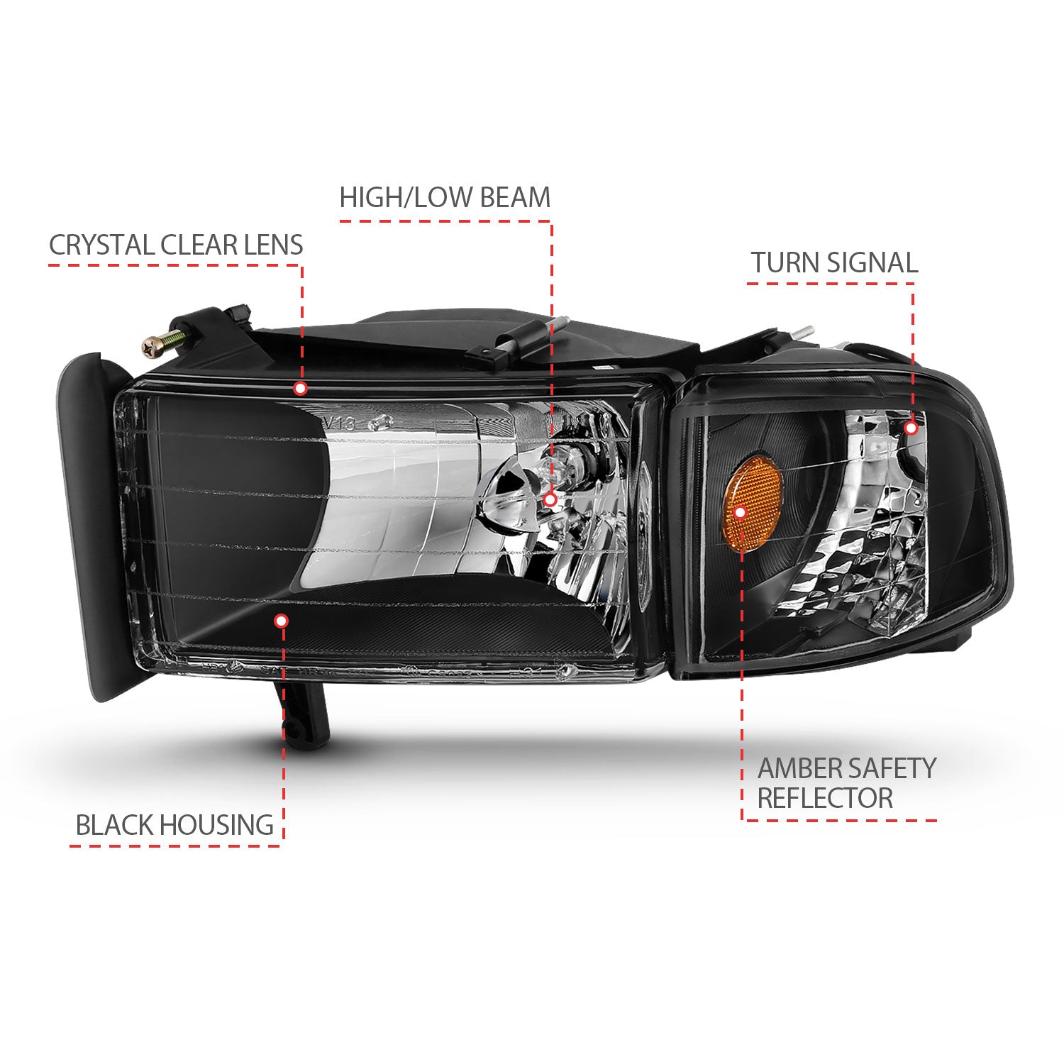 DODGE RAM 1500 94-01 / RAM 2500/3500 94-02/ RAM SPORT MODEL 94-98 CRYSTAL HEADLIGHTS BLACK W/ CORNER LIGHT 2PC