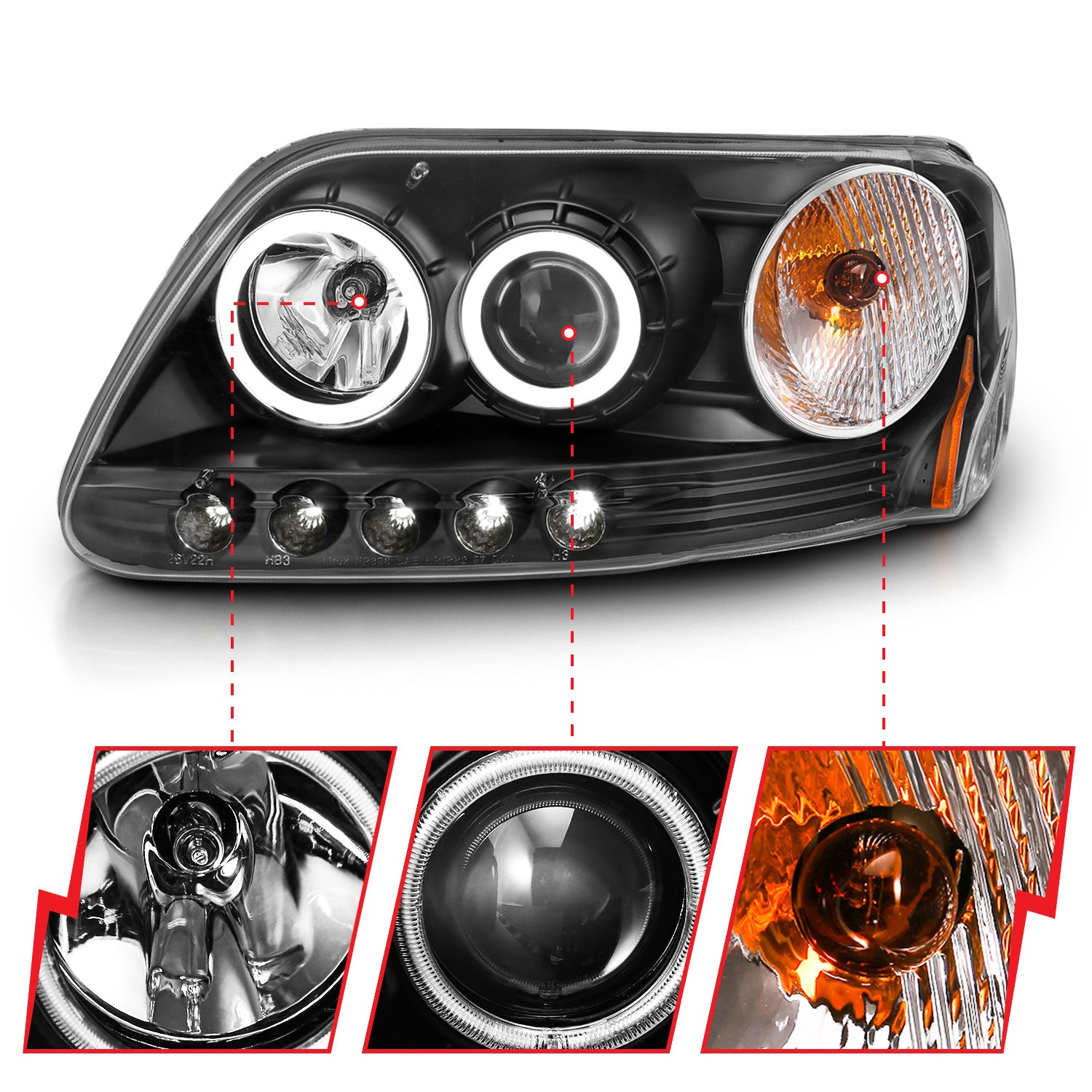 FORD F-150 97-03 / EXPEDITION 97-02 PROJECTOR HEADLIGHTS BLACK W/ RX HALO & LED 1 PC