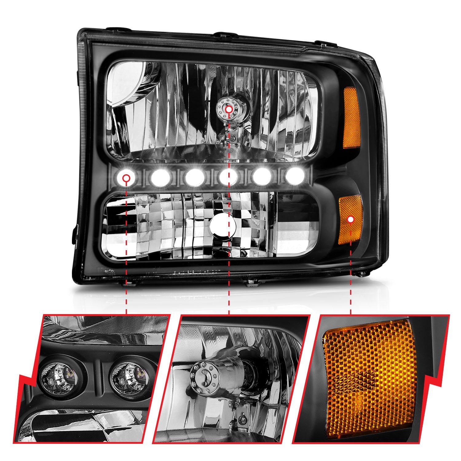 FORD EXCURSION 00-04 / SUPERDUTY 99-04 CRYSTAL HEADLIGHTS BLACK 1 PC W/ LED