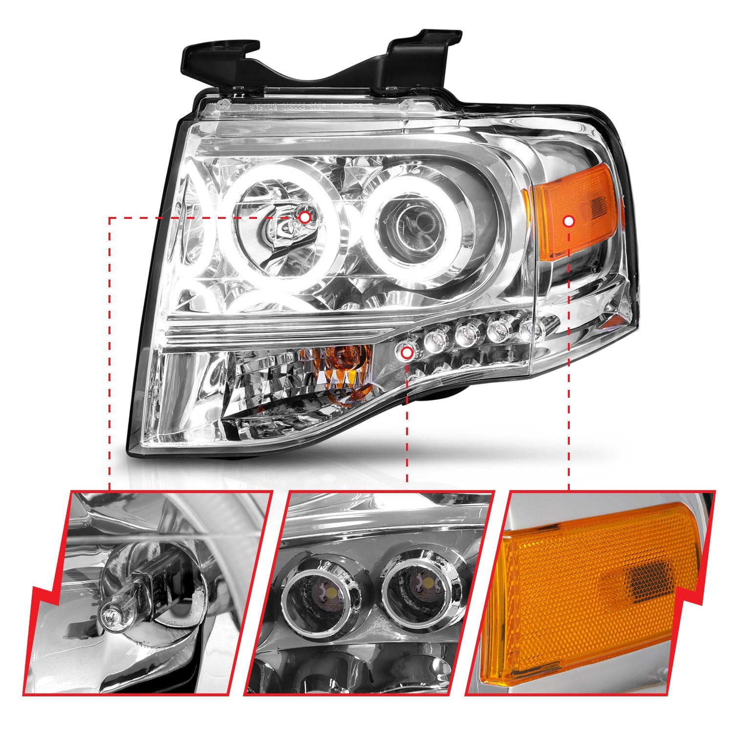 FORD EXPEDITION 07-14 PROJECTOR HALO HEADLIGHTS CHROME W/ RX HALO