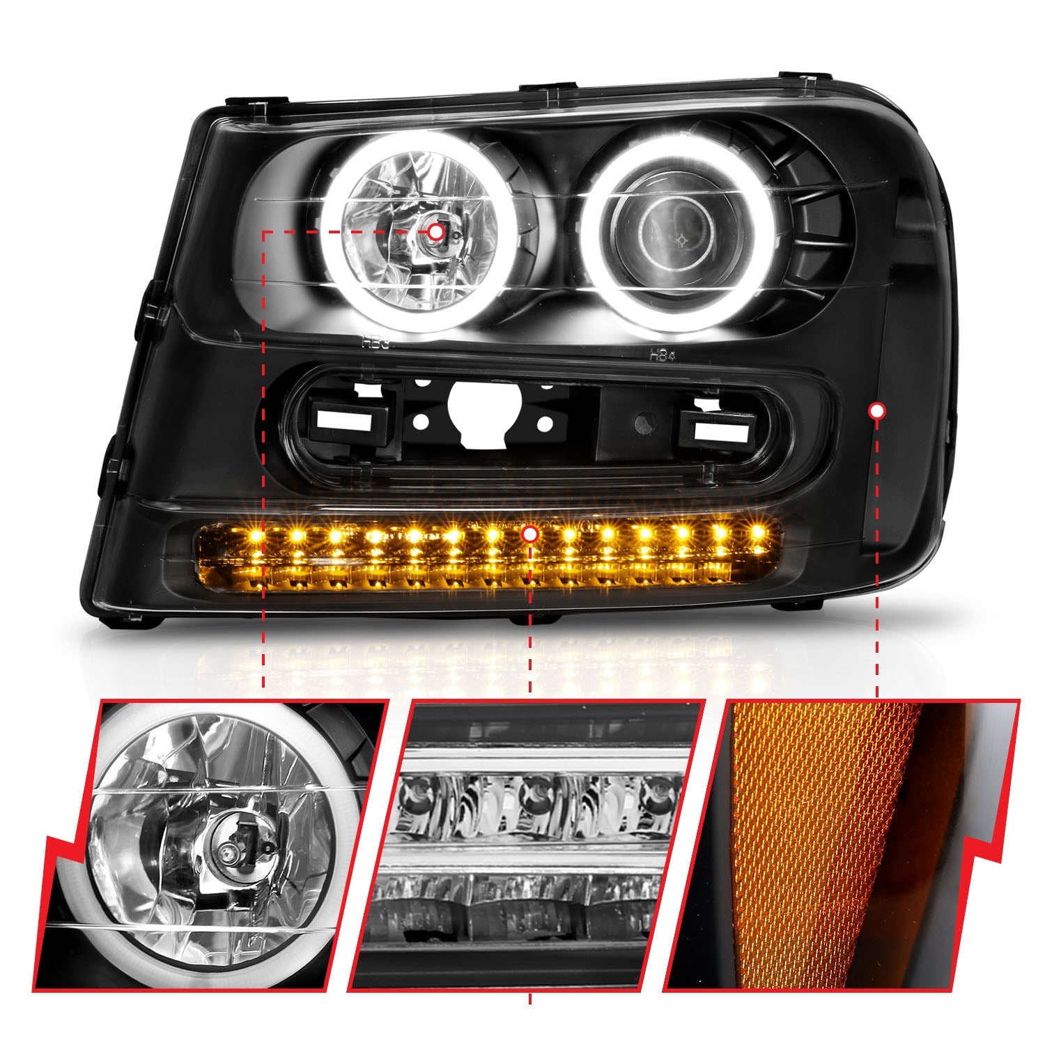 CHEVY TRAILBLAZER 02-09 PROJECTOR HALO HEADLIGHTS BLACK W/ RX HALO