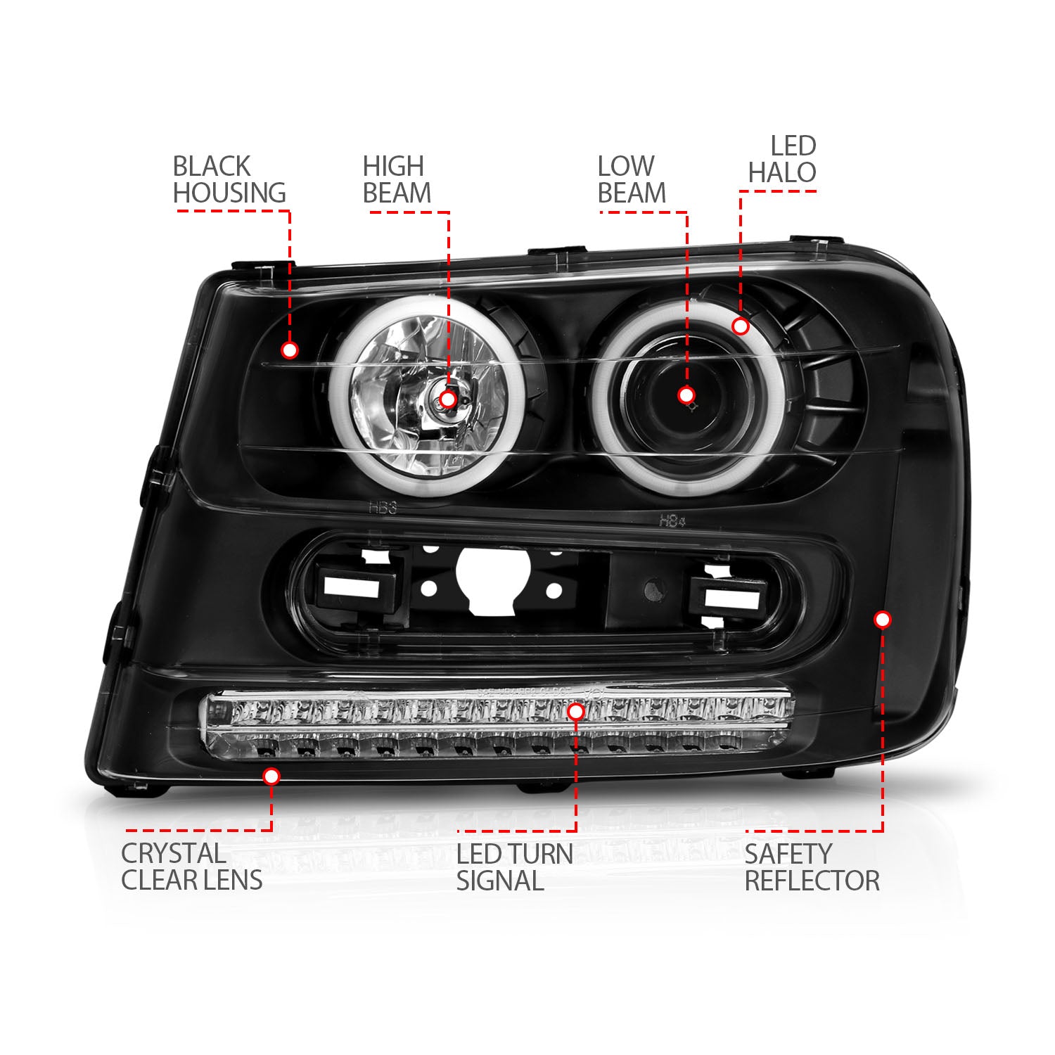 CHEVY TRAILBLAZER 02-09 PROJECTOR HALO HEADLIGHTS BLACK W/ RX HALO