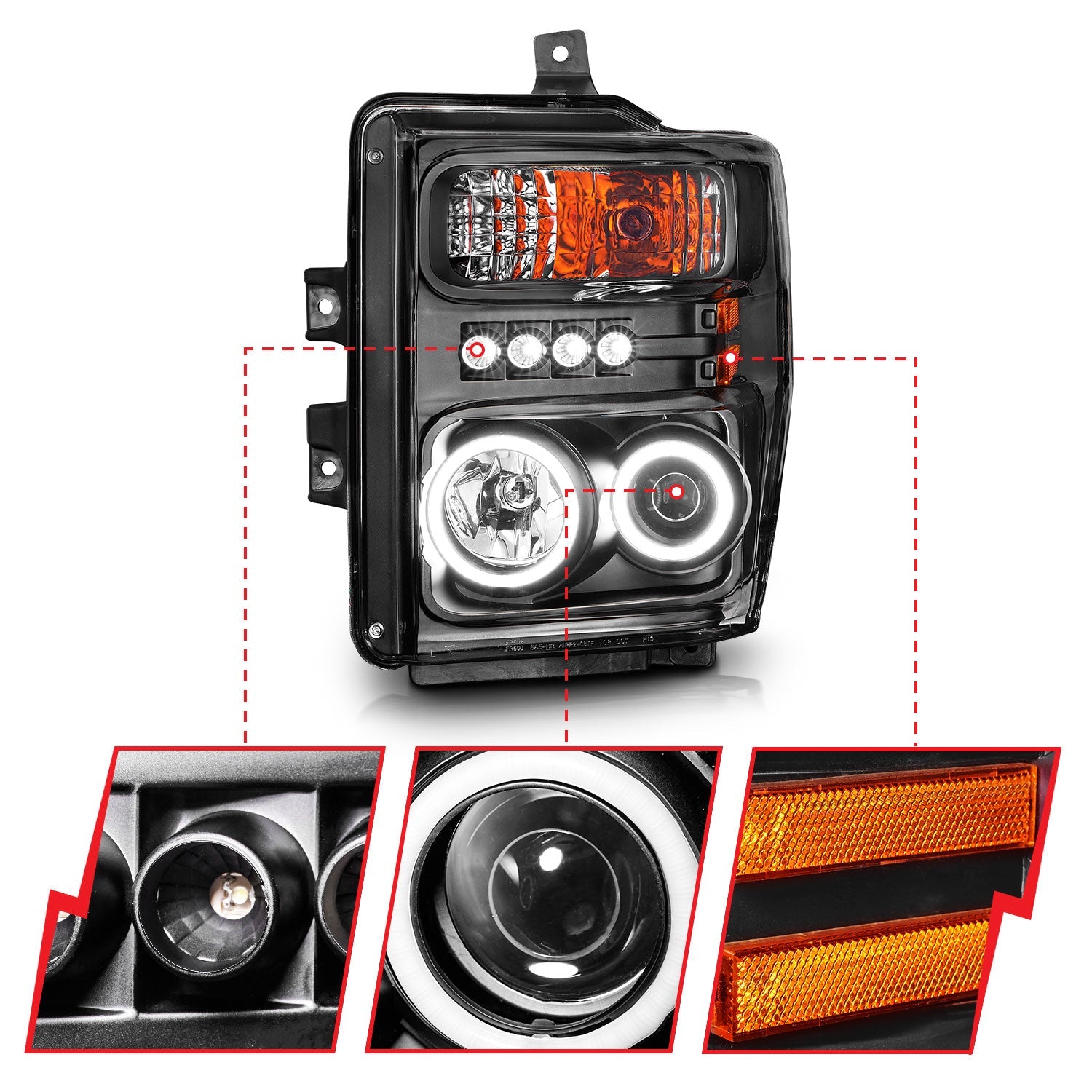 FORD F-250/350/450/550 SUPERDUTY 08-10 PROJECTOR HEADLIGHTS BLACK W/ RX HALO