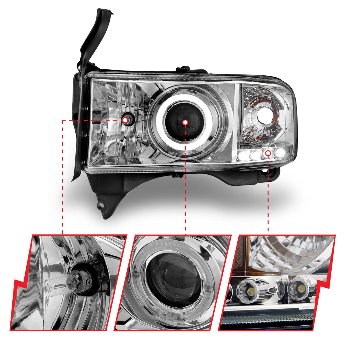 DODGE RAM 1500 94-01 / RAM 2500/3500 94-02 / RAM SPORT MODEL 94-98 PROJECTOR HALO HEADLIGHTS CHROME