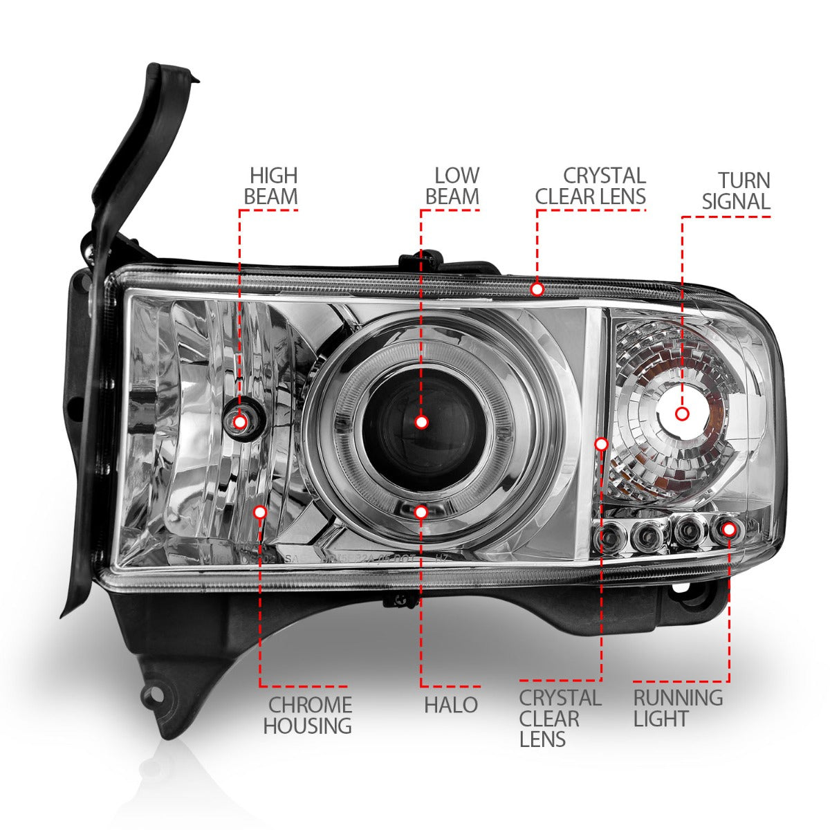 DODGE RAM 1500 94-01 / RAM 2500/3500 94-02 / RAM SPORT MODEL 94-98 PROJECTOR HALO HEADLIGHTS CHROME