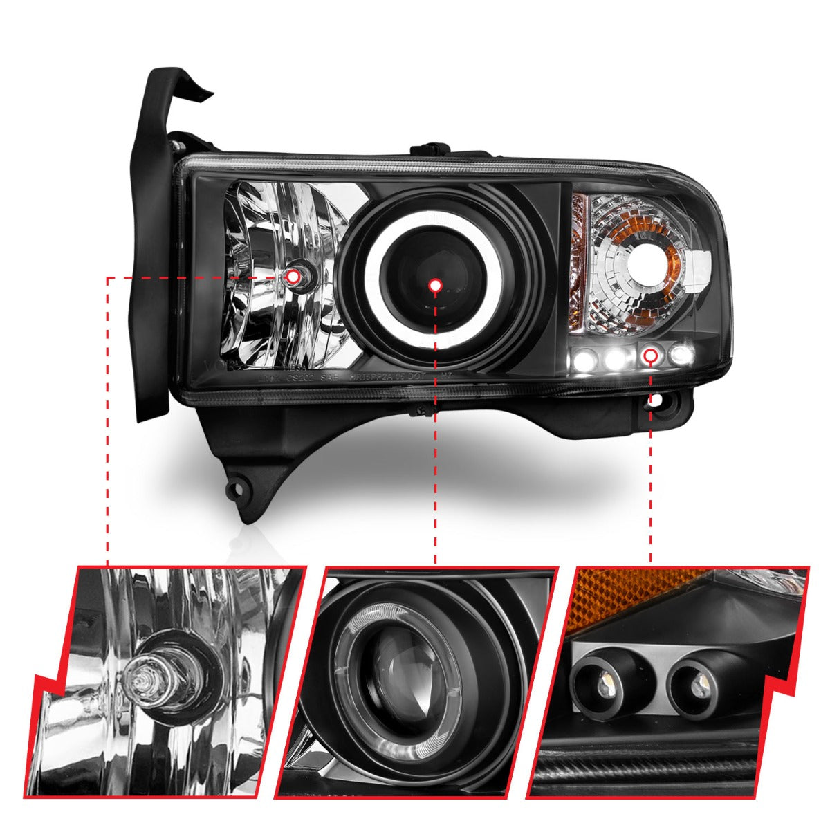 DODGE RAM 1500 94-01 / RAM 2500/3500 94-02 / RAM SPORT MODEL 94-98 PROJECTOR HALO HEADLIGHTS BLACK