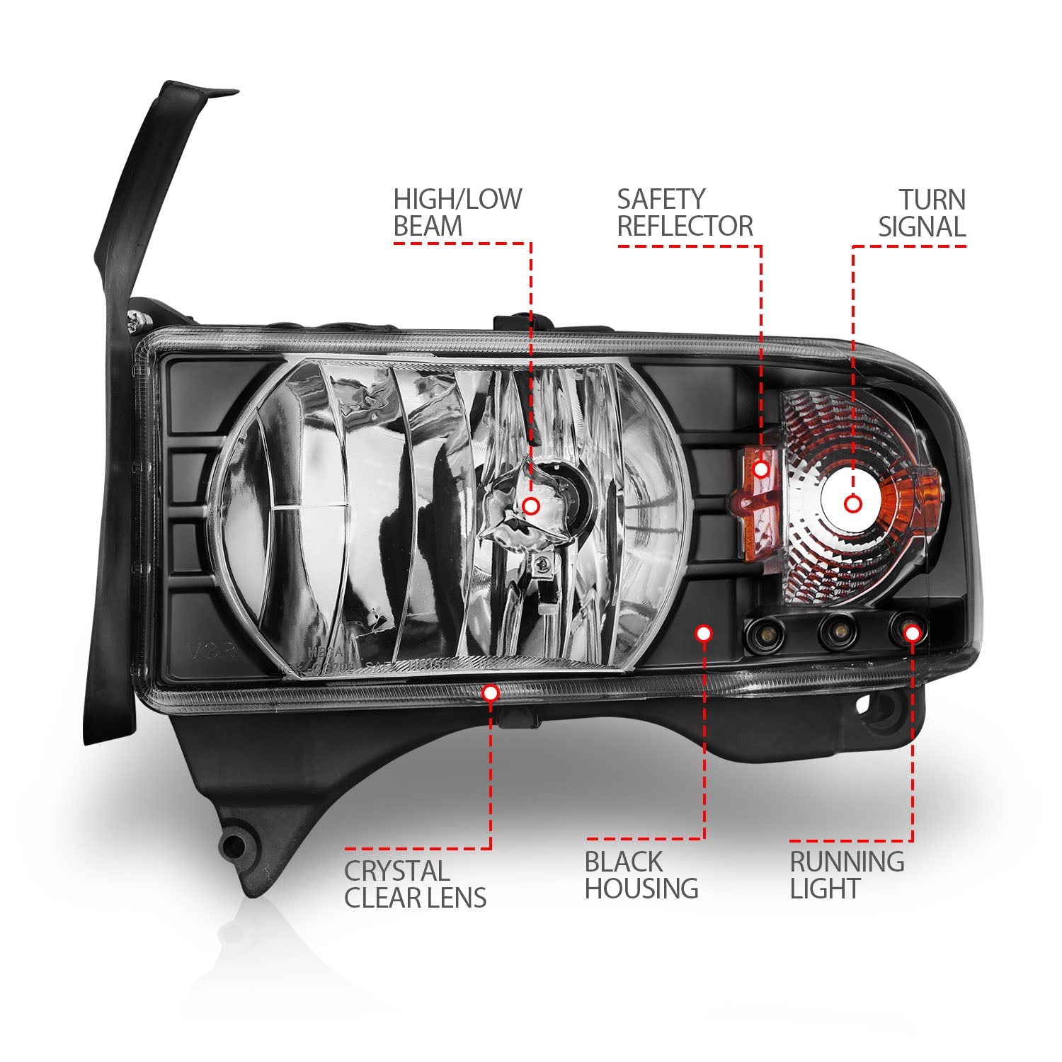 DODGE RAM 1500 94-01 / RAM 2500/3500 94-02/ RAM SPORT MODEL 94-98 CRYSTAL HEADLIGHTS BLACK W/ LED ACCENT 1PC