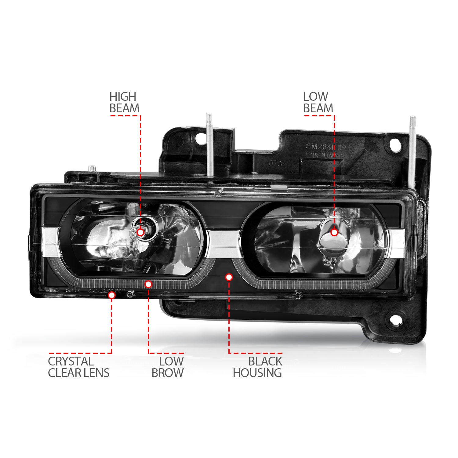 CHEVY/GMC C/K1500/2500 88-98 / C/K3500 88-00 / SUBURBAN 92-99 / BLAZER (FULL-SIZE) 92-94 / TAHOE 95-99 / YUKON 92-99 CRYSTAL HEADLIGHTS W/ LED LOW-BROW BLACK