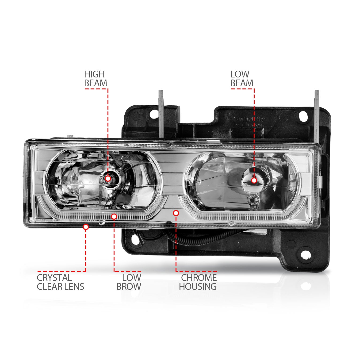 CHEVY/GMC C/K1500/2500 88-98 / C/K3500 88-00 / SUBURBAN 92-99 / BLAZER (FULL-SIZE) 92-94 / TAHOE 95-99 / YUKON 92-99 CRYSTAL LOW-BROW HEADLIGHTS CHROME