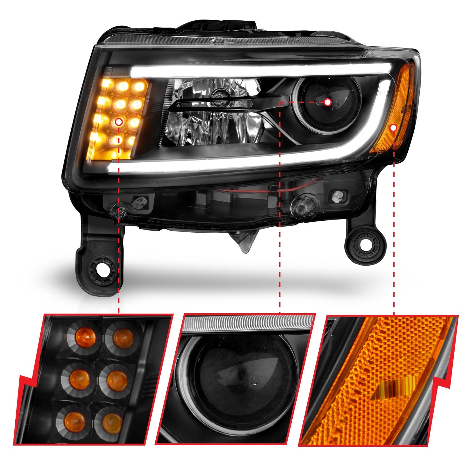 JEEP GRAND CHEROKEE 14-16 PROJECTOR HEADLIGHTS PLANK STYLE BLACK (FOR HALOGEN MODELS ONLY)