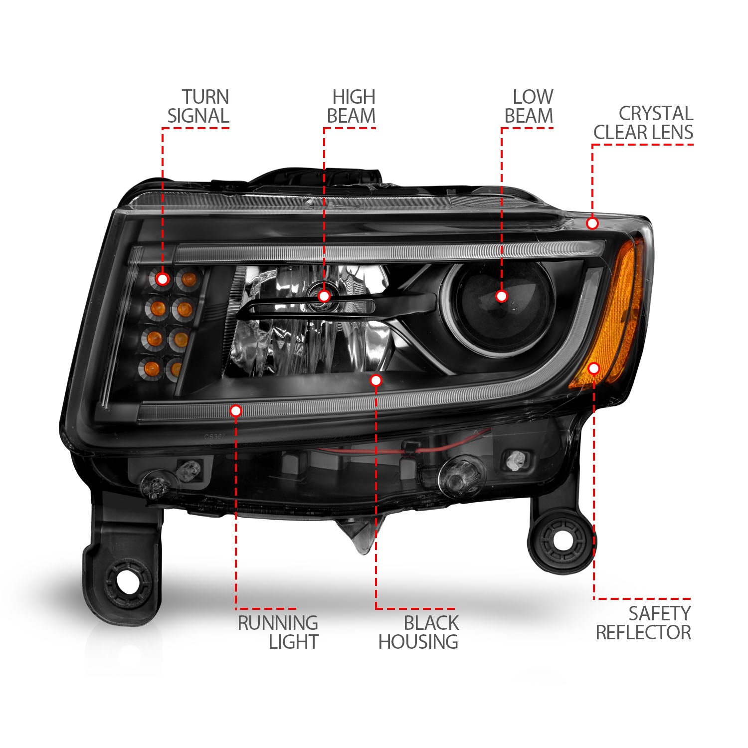 JEEP GRAND CHEROKEE 14-16 PROJECTOR HEADLIGHTS PLANK STYLE BLACK (FOR HALOGEN MODELS ONLY)