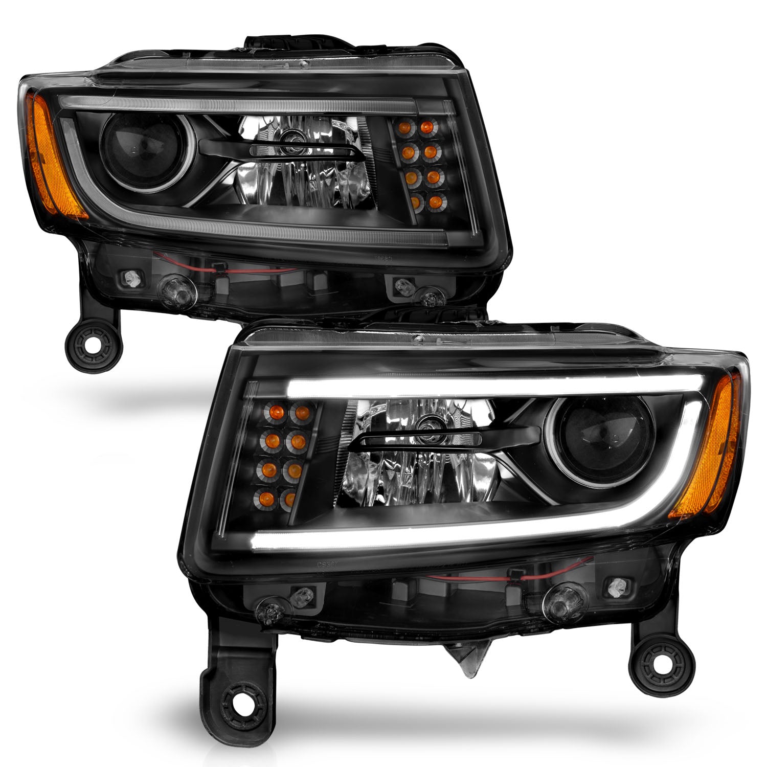 JEEP GRAND CHEROKEE 14-16 PROJECTOR HEADLIGHTS PLANK STYLE BLACK (FOR HALOGEN MODELS ONLY)