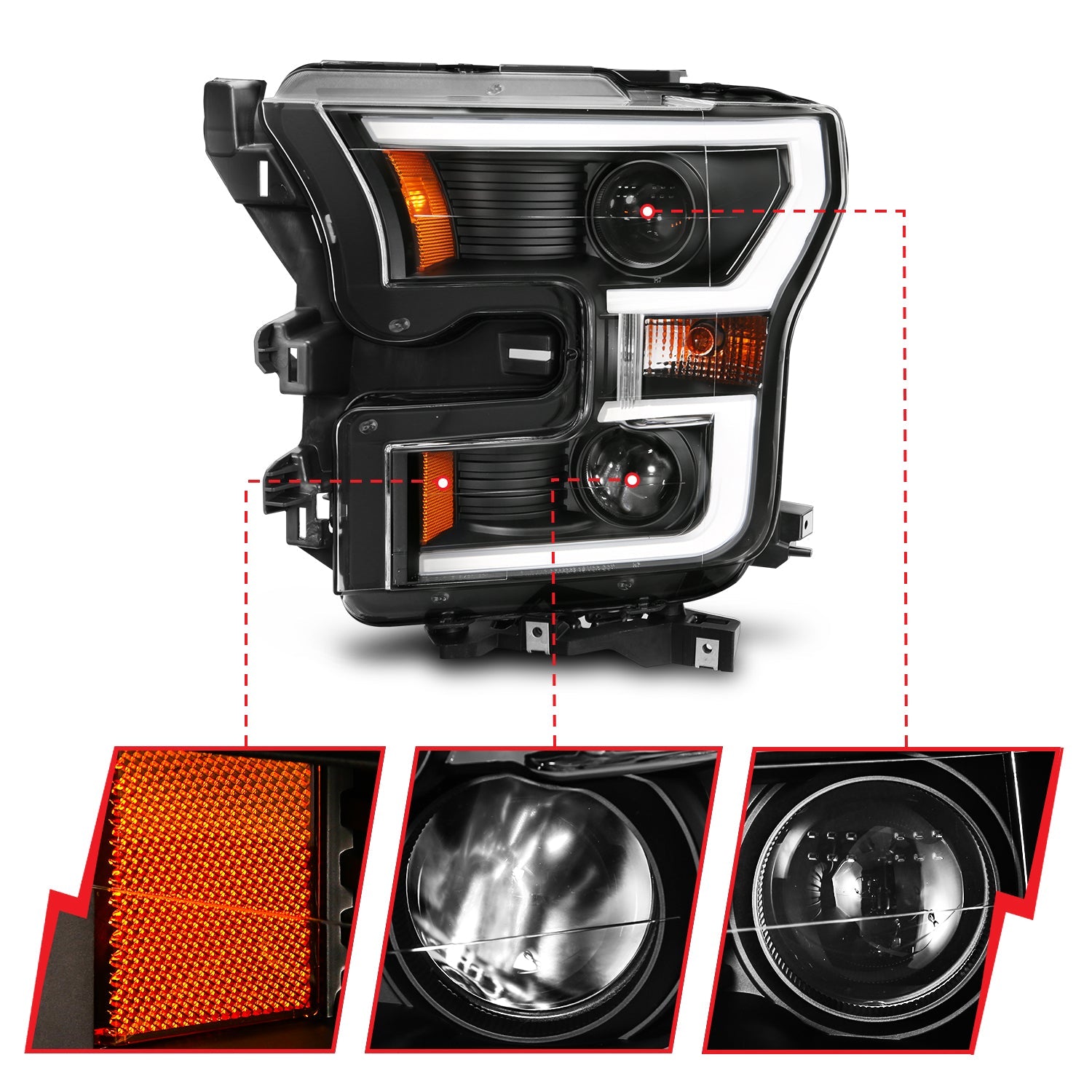 FORD F-150 15-17 PROJECTOR PLANK STYLE SWITCHBACK HEADLIGHTS BLACK (FOR HALOGEN MODELS ONLY)