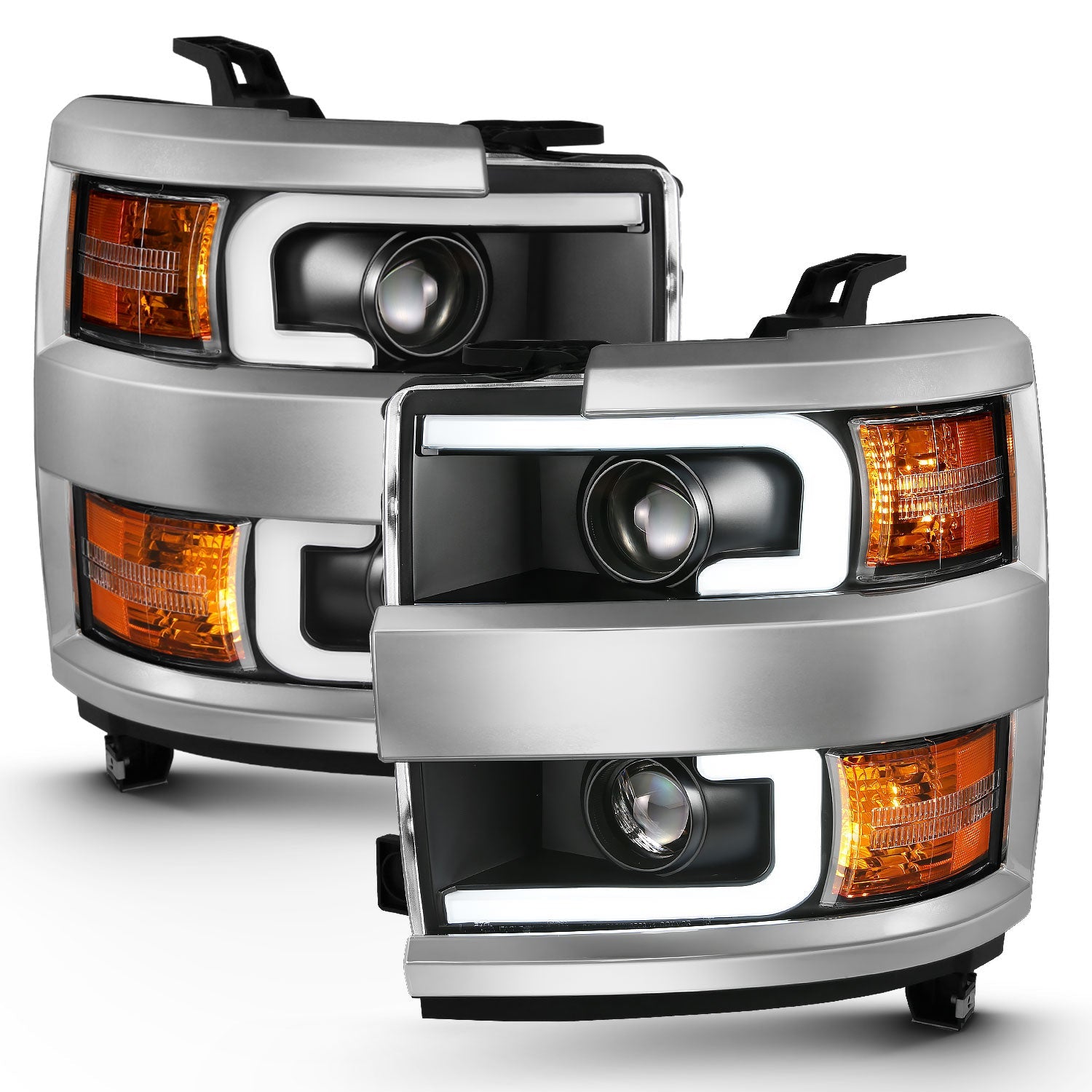 CHEVY SILVERADO 2500HD/3500HD 15-19 PROJECTOR PLANK STYLE HEADLIGHTS BLACK(CHROME TRIM)(HALOGEN MODELS ONLY)