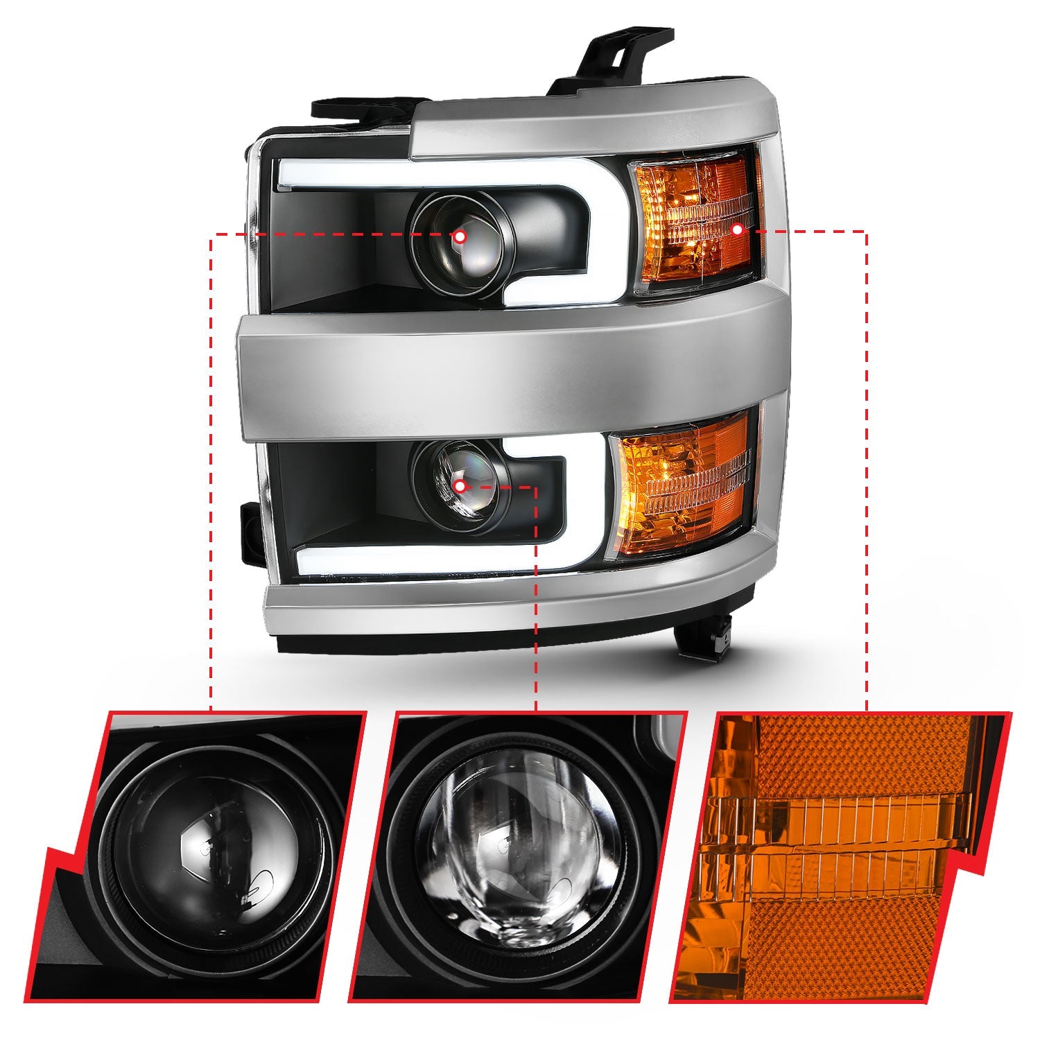 CHEVY SILVERADO 2500HD/3500HD 15-19 PROJECTOR PLANK STYLE HEADLIGHTS BLACK(CHROME TRIM)(HALOGEN MODELS ONLY)