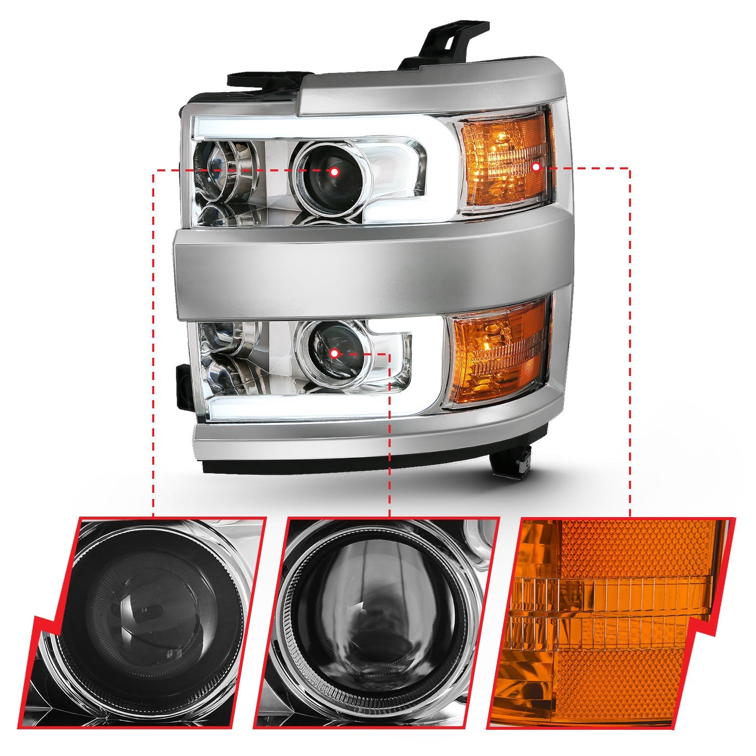 CHEVY SILVERADO 2500HD/3500HD 15-19 PROJECTOR PLANK STYLE HEADLIGHTS CHROME(CHROME TRIM)(HALOGEN MODELS ONLY)