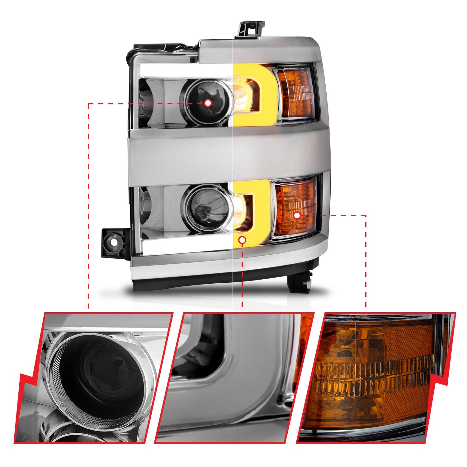 CHEVY SILVERADO 15-19 2500HD/3500HD PROJECTOR SWITCHBACK HEADLIGHTS CHROME(CHROME TRIM)(HALOGEN MODELS ONLY)