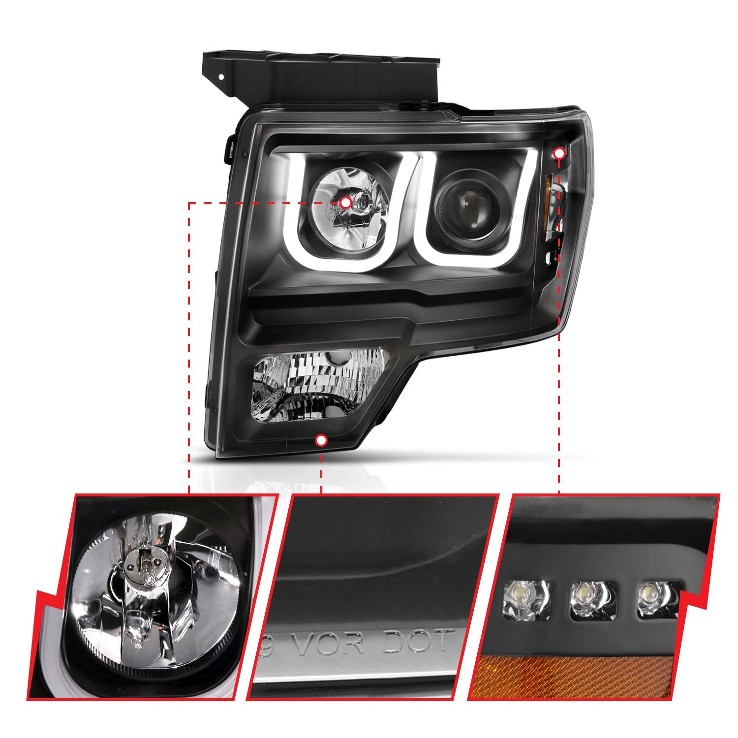 FORD F-150 09-14 PROJECTOR SWITCHBACK U-BAR HEADLIGHTS BLACK (FOR HALOGEN MODELS ONLY)