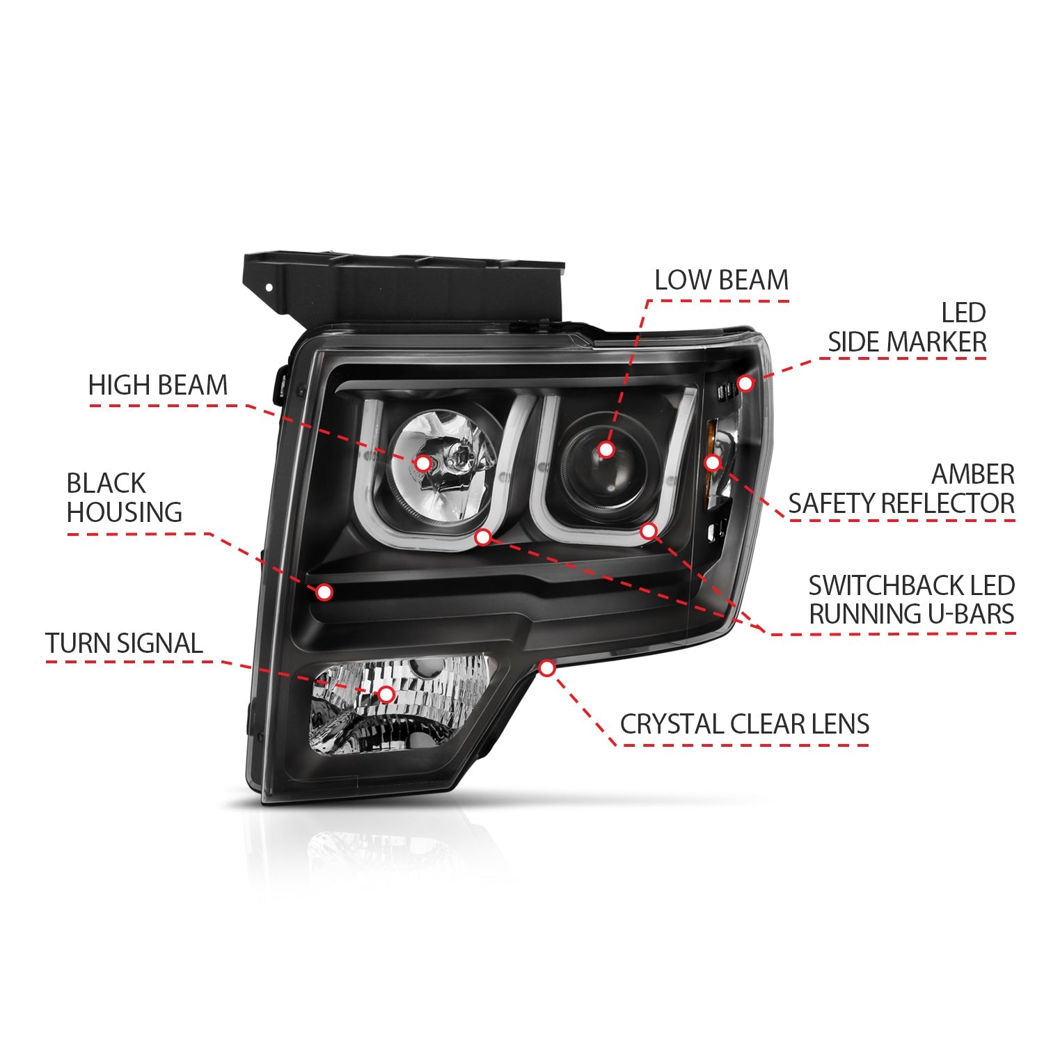FORD F-150 09-14 PROJECTOR SWITCHBACK U-BAR HEADLIGHTS BLACK (FOR HALOGEN MODELS ONLY)