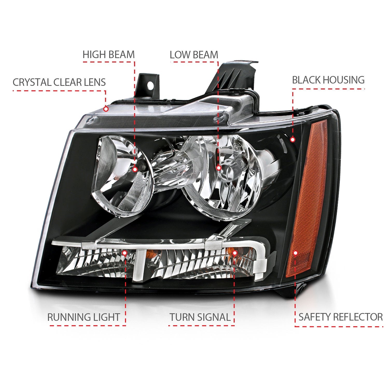 CHEVY TAHOE/ SUBURBAN 07-14 / AVALANCHE 07-13 CRYSTAL HEADLIGHTS BLACK