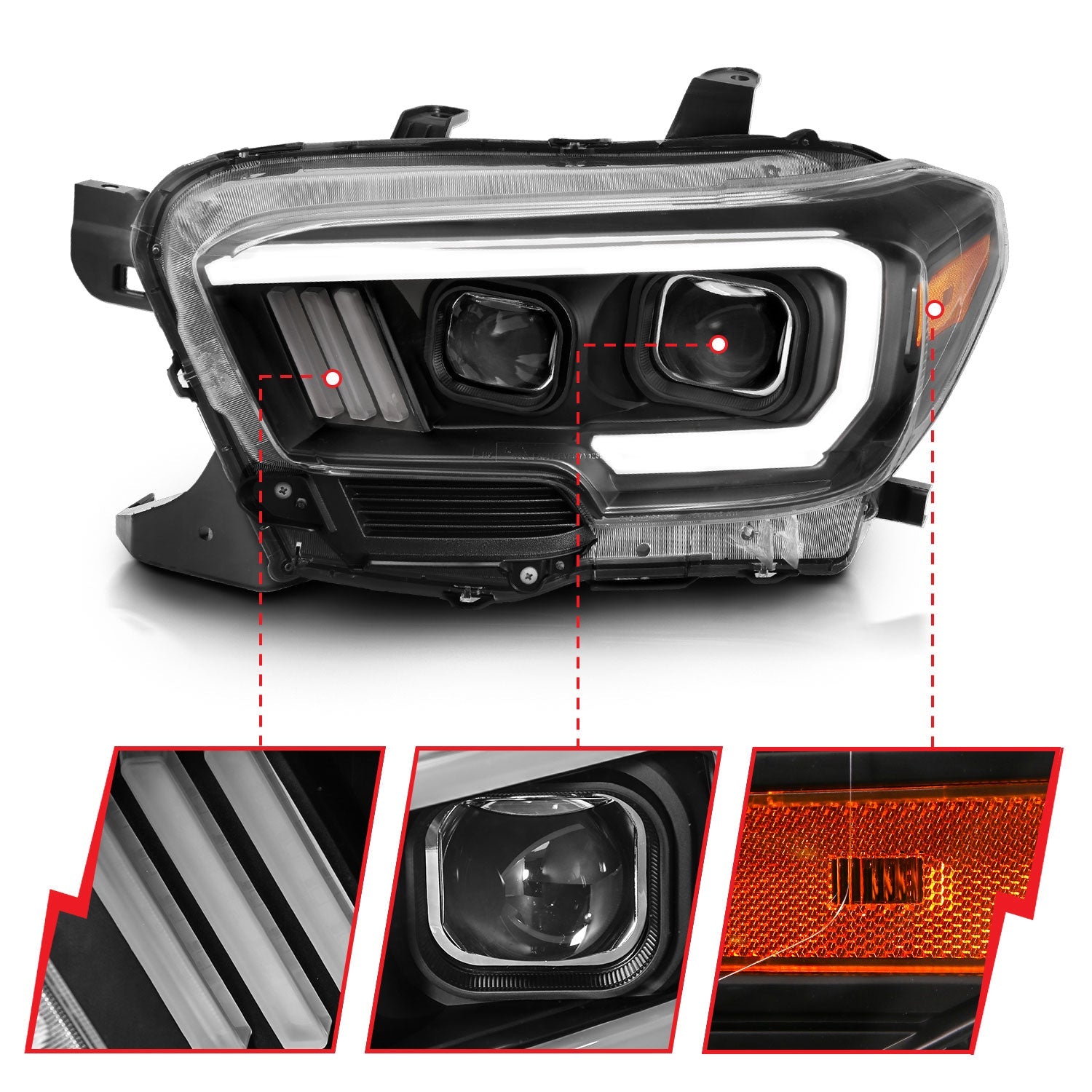 TOYOTA TACOMA 16-23 PROJECTOR PLANK STYLE SWITCHBACK HEADLIGHTS BLACK (FOR HALOGEN VERSION W/ HALOGEN DRL)
