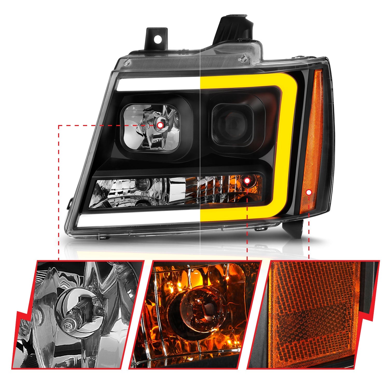 CHEVY TAHOE/ SUBURBAN 07-14 / AVALANCHE 07-13 PROJECTOR PLANK STYLE SWITCHBACK HEADLIGHTS BLACK