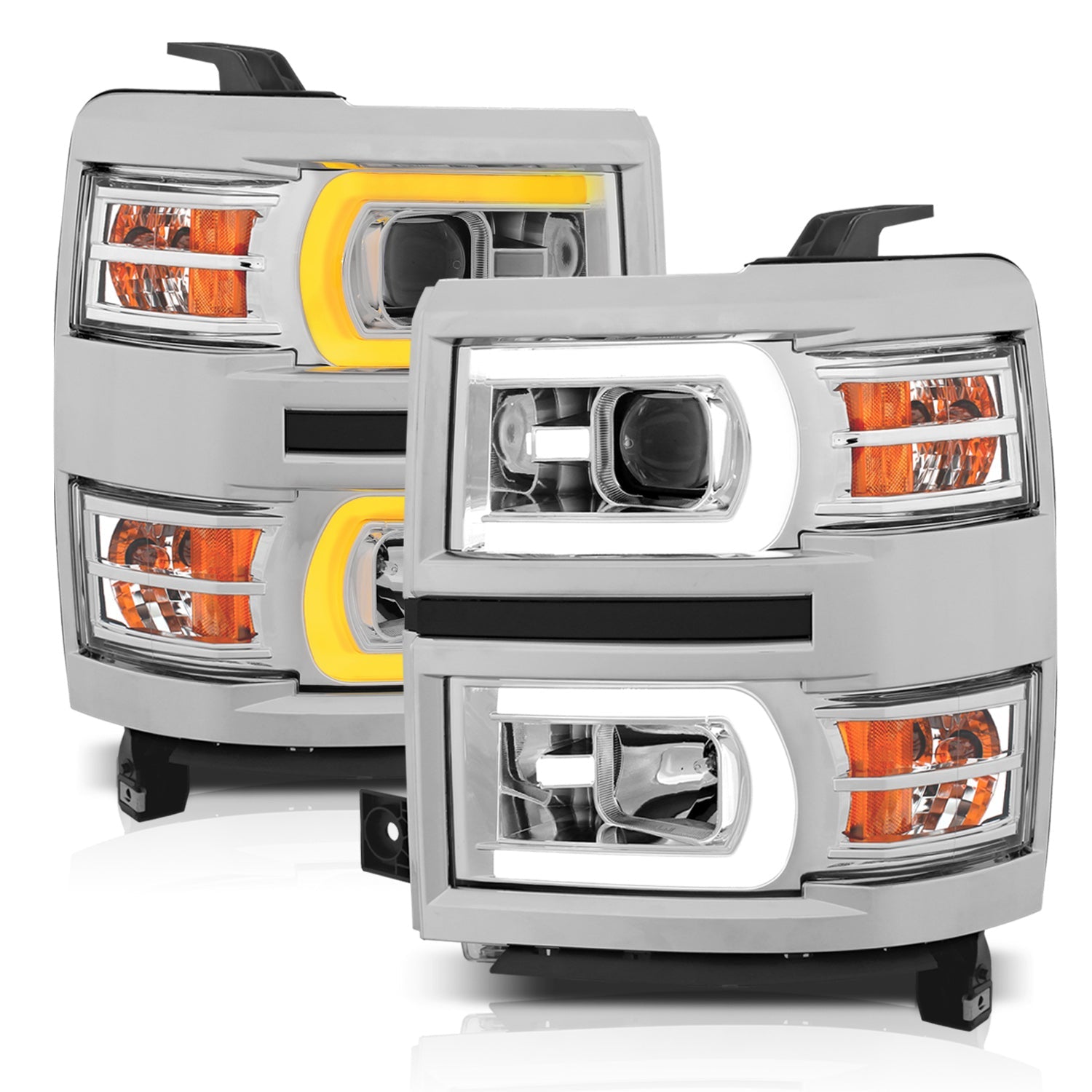 CHEVY SILVERADO 1500 14-15 PROJECTOR SWITCHBACK PLANK STYLE HEADLIGHTS CHROME