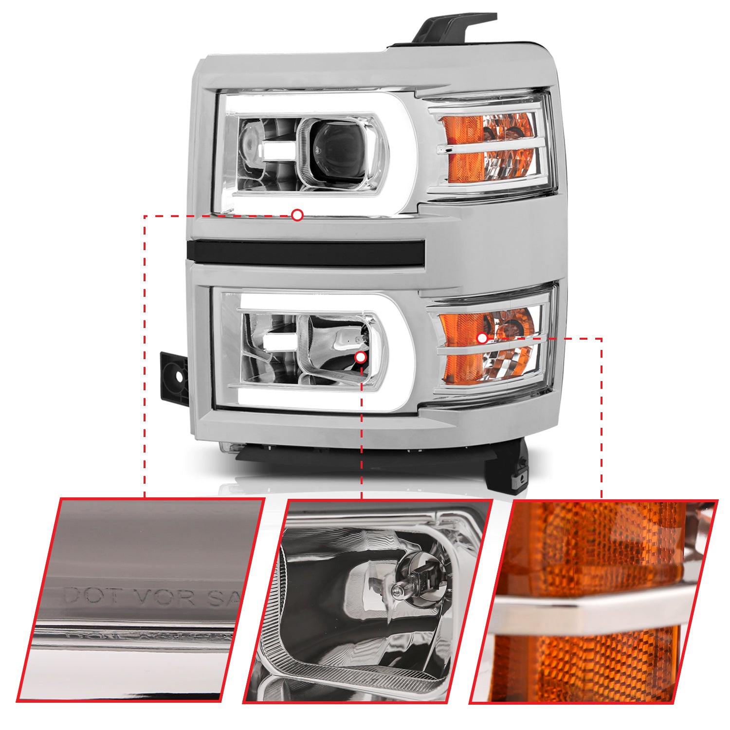CHEVY SILVERADO 1500 14-15 PROJECTOR SWITCHBACK PLANK STYLE HEADLIGHTS CHROME