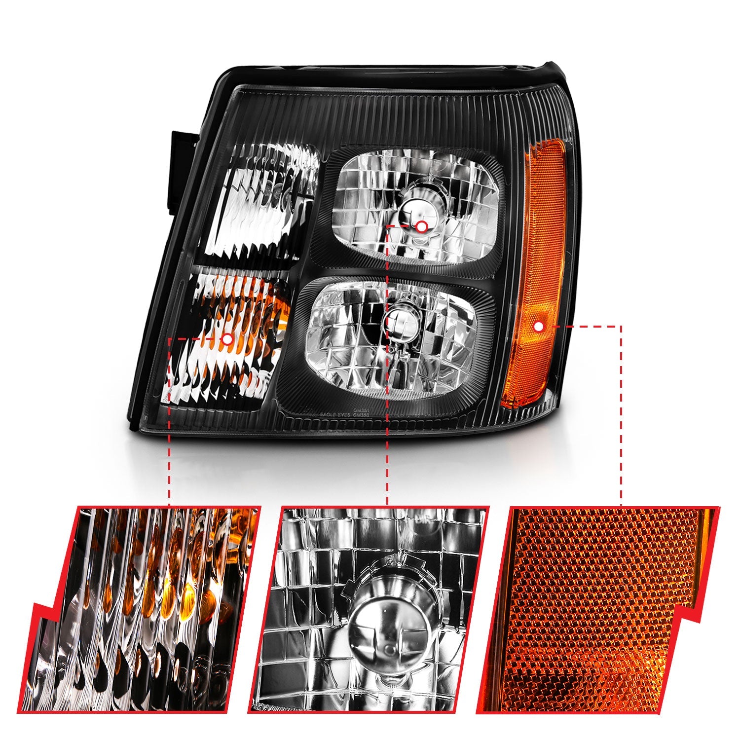 CADILLAC ESCALADE 03-06 CRYSTAL HEADLIGHTS BLACK AMBER (NO HID BULB)