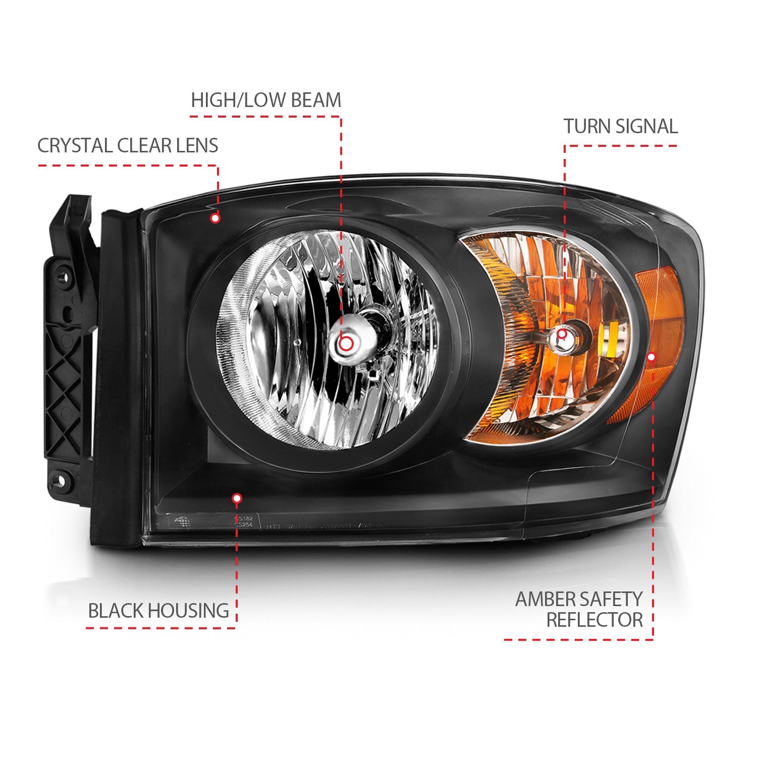 DODGE RAM 1500 06-08 / 2500/3500 06-09 CRYSTAL HEADLIGHT BLACK