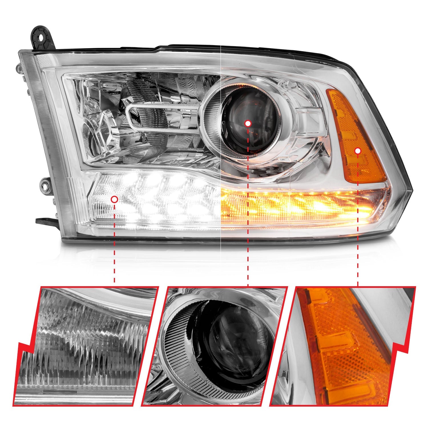 DODGE RAM 1500 09-18 / 2500/3500 10-18 PROJECTOR PLANK STYLE SWITCHBACK HEADLIGHTS CHROME (OE STYLE) (FOR ALL MODELS)