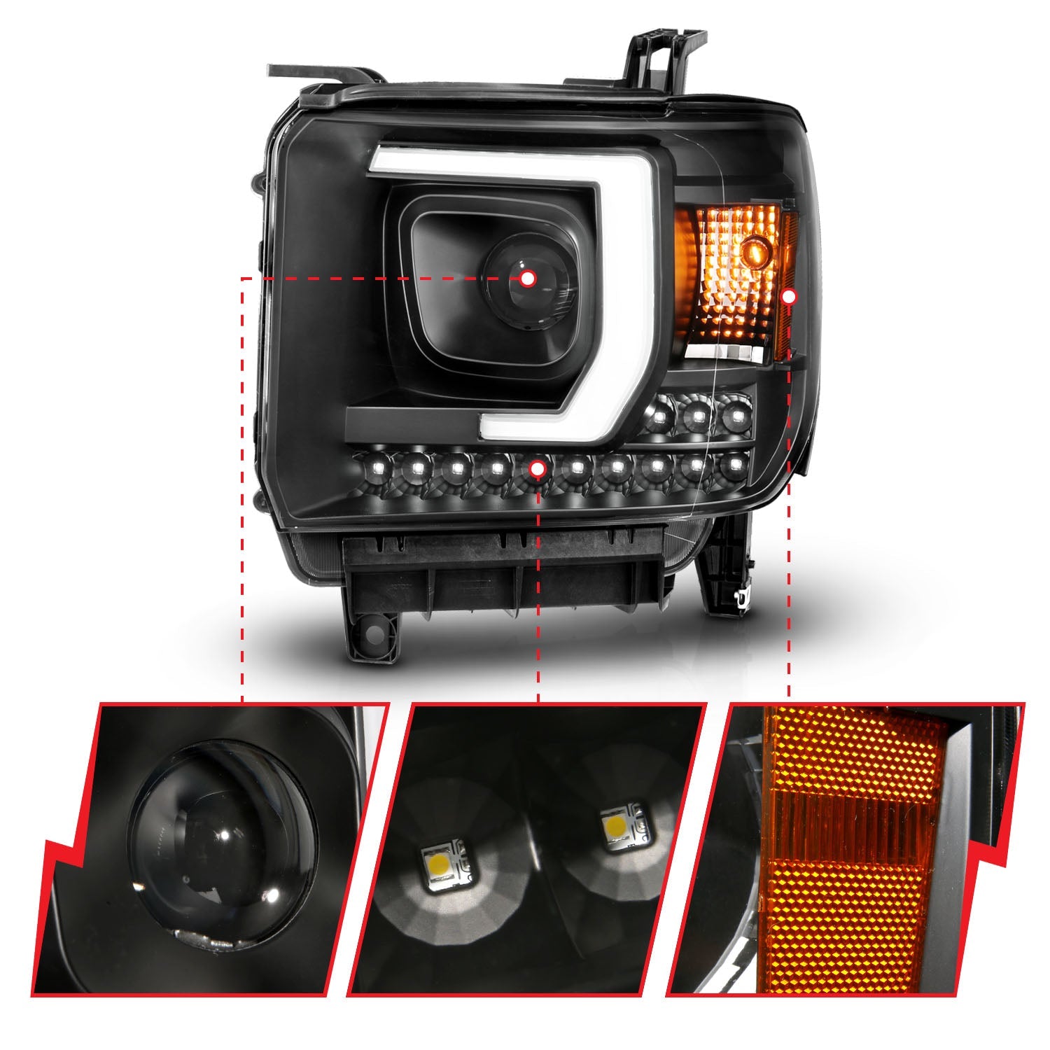 GMC SIERRA 1500 14-15 /2500HD/3500HD 15-19 PROJECTOR C BAR HEADLIGHTS BLACK (FOR HALOGEN MODELS W/O FACTORY LED DRL)