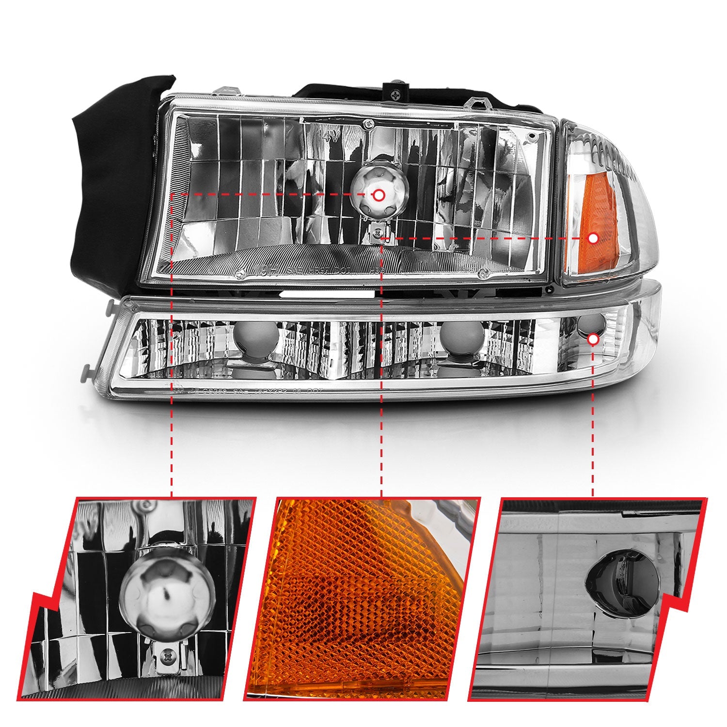 DODGE DAKOTA 97-04 / DODGE DURANGO 98-03 CRYSTAL HEADLIGHTS CHROME W/ PARKING LIGHTS (2 PCS)