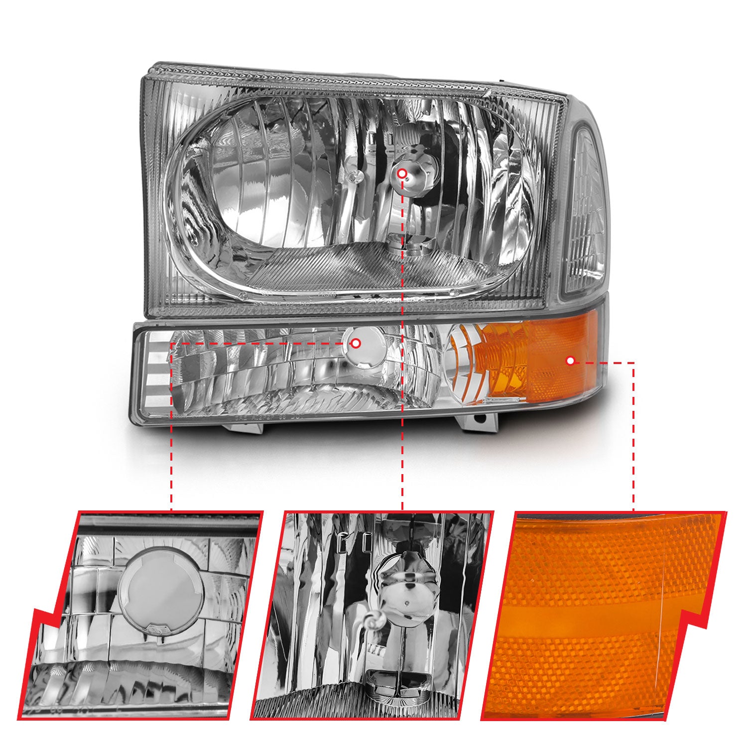 FORD EXCURSION 00-04/ SUPER DUTY 99-04 CRYSTAL HEADLIGHTS W/ CORNER LIGHTS CHROME (W/O BULBS)