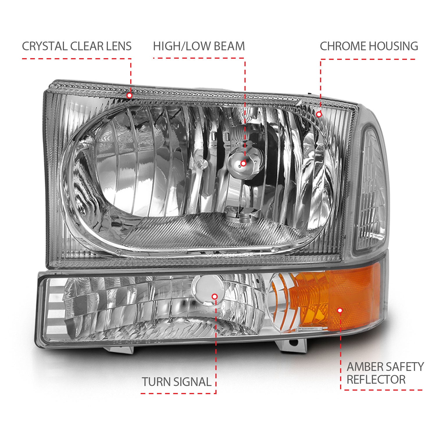 FORD EXCURSION 00-04/ SUPER DUTY 99-04 CRYSTAL HEADLIGHTS W/ CORNER LIGHTS CHROME (W/O BULBS)