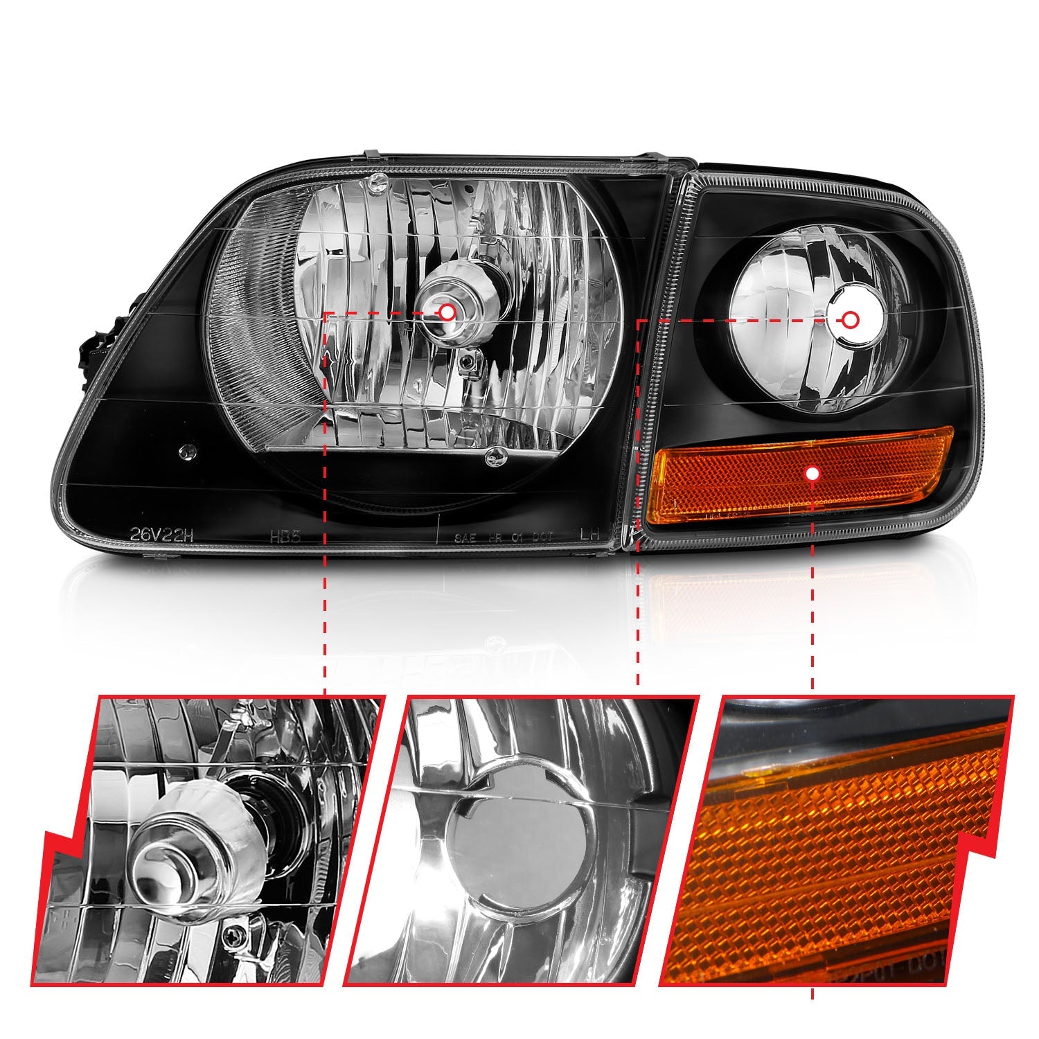 FORD F-150 97-03 CRYSTAL HEADLIGHTS BLACK W/ PARKING LIGHTS