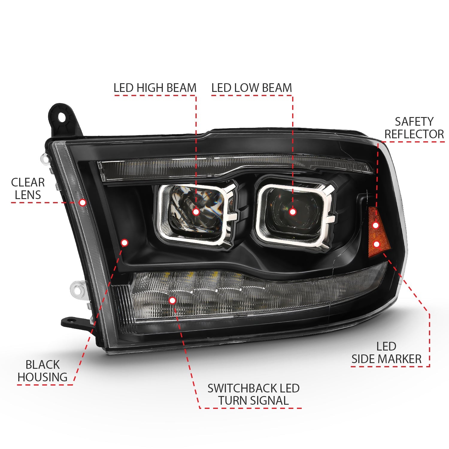 DODGE RAM 1500 09-18 / RAM 2500/3500 10-18 DUAL LED PROJECTOR SWITCHBACK HEADLIGHTS BLACK (FOR ALL MODELS)