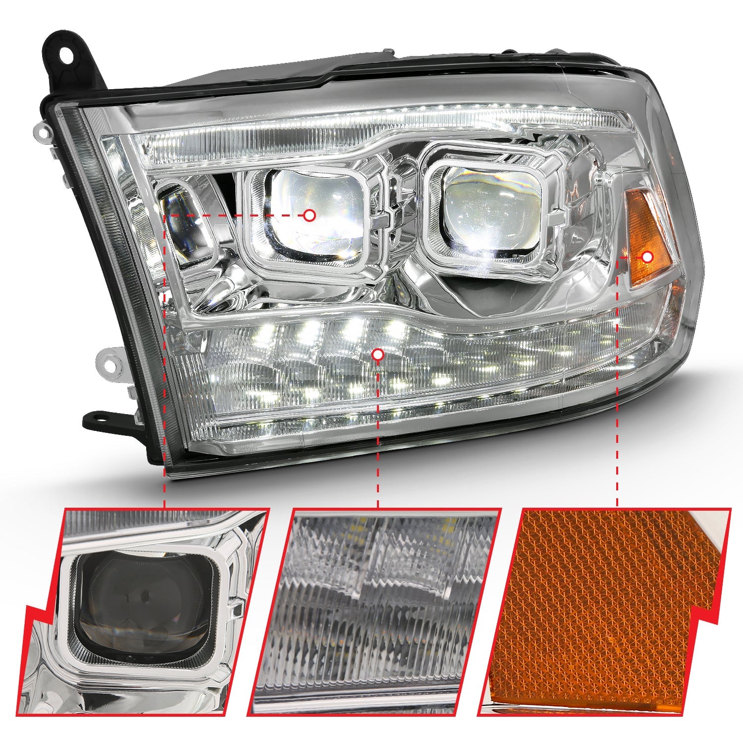 DODGE RAM 1500 09-18 / RAM 2500/3500 10-18 DUAL LED PROJECTOR SWITCHBACK HEADLIGHTS CHROME (FOR ALL MODELS)
