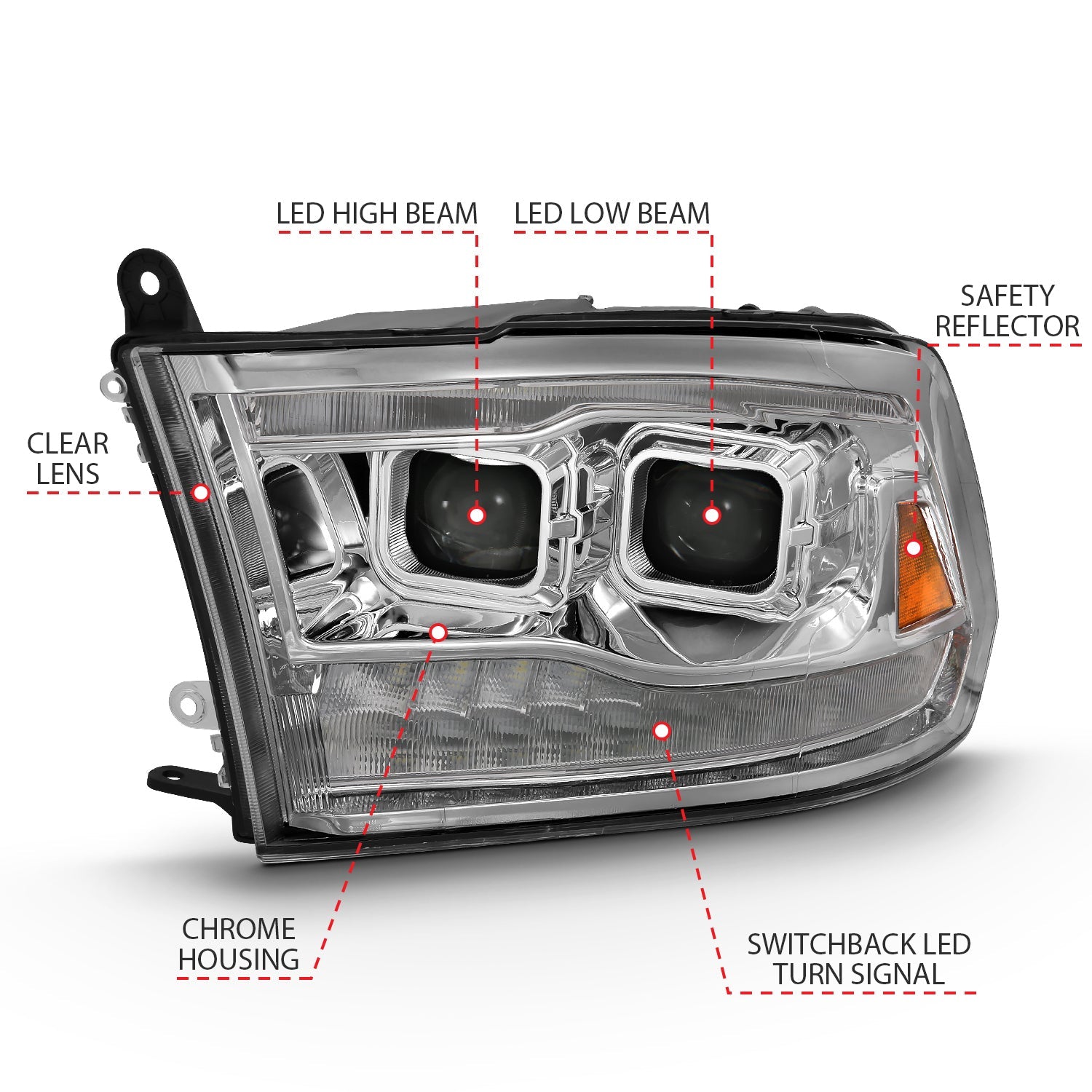 DODGE RAM 1500 09-18 / RAM 2500/3500 10-18 DUAL LED PROJECTOR SWITCHBACK HEADLIGHTS CHROME (FOR ALL MODELS)