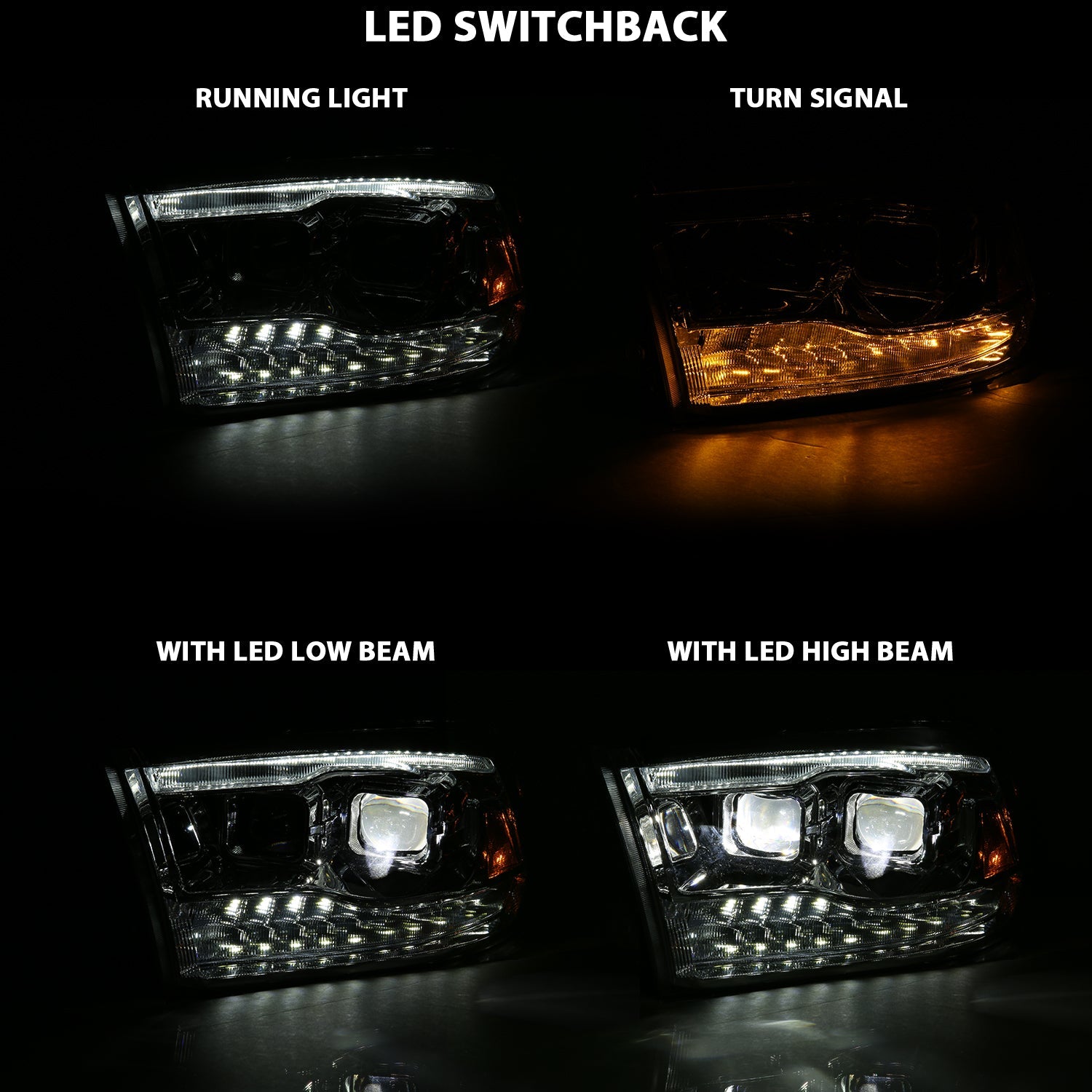 DODGE RAM 1500 09-18 / RAM 2500/3500 10-18 DUAL LED PROJECTOR SWITCHBACK HEADLIGHTS CHROME (FOR ALL MODELS)