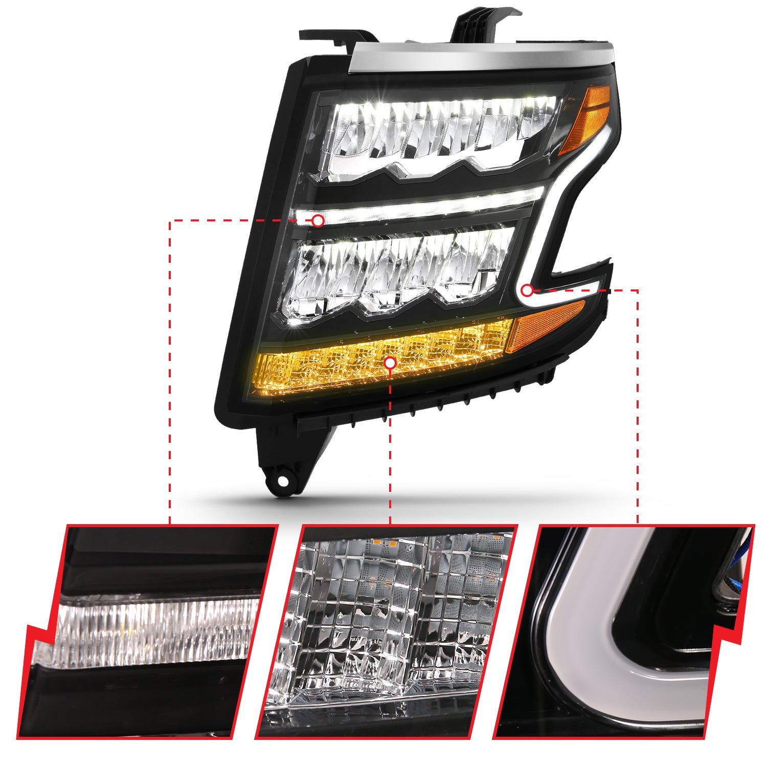CHEVY TAHOE/SUBURBAN 15-20 LED CRYSTAL PLANK STYLE HEADLIGHTS BLACK W/ SEQUENTIAL SIGNAL