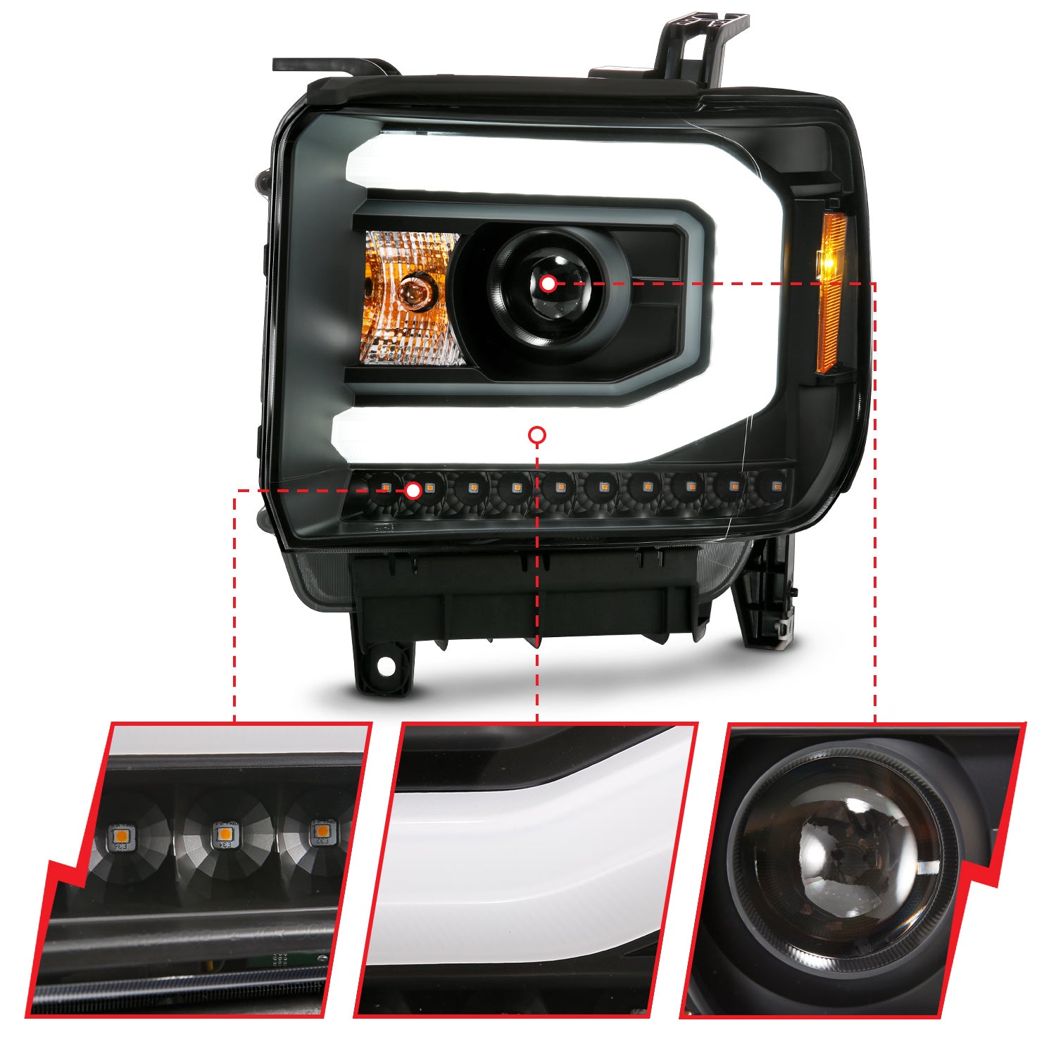 GMC SIERRA 1500 14-15 / 2500HD/3500HD 15-19 PROJECTOR C BAR SWITCHBACK HEADLIGHTS BLACK (HALOGEN TYPE MODEL W/O FACTORY LED DRL)