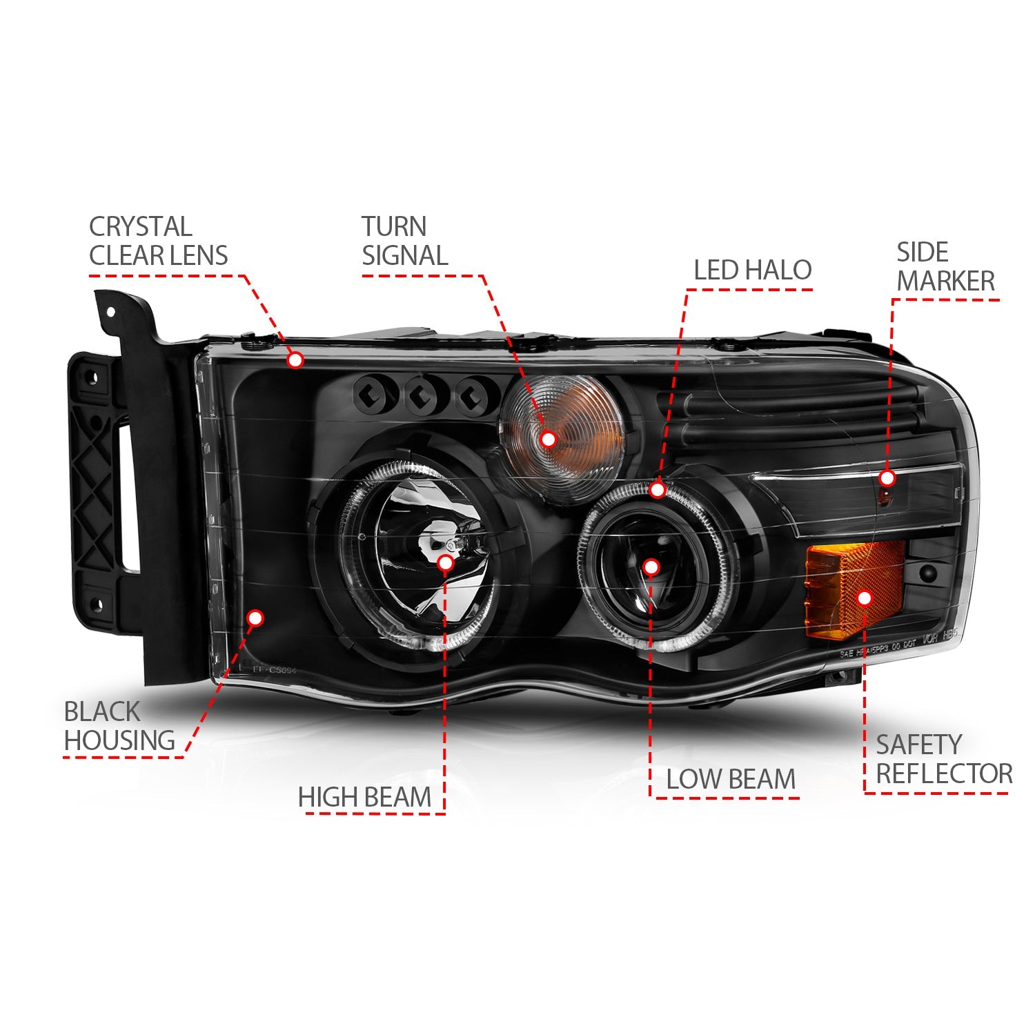 DODGE RAM 1500 02-05 RAM 2500/3500 03-05 PROJECTOR HALO HEADLIGHTS BLACK