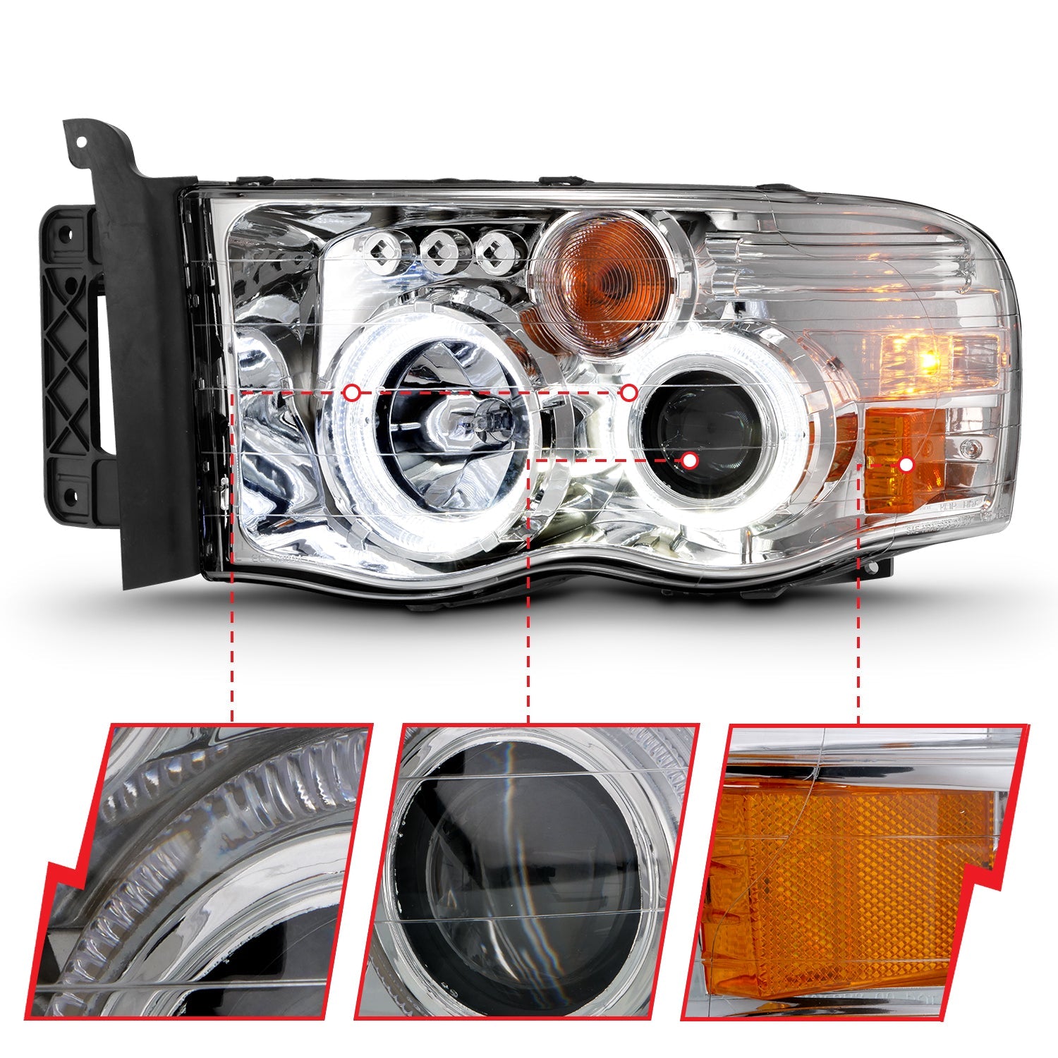 DODGE RAM 1500 02-05 RAM 2500/3500 03-05 PROJECTOR HALO HEADLIGHTS CHROME CLEAR